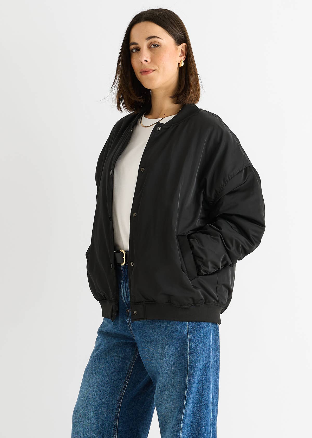Black Padded Oversized Bomber Jacket – View 1 | Gini London