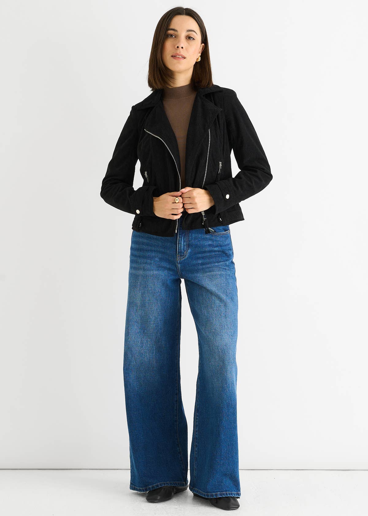 Black Corduroy Biker Zip Up Jacket – View 1 | Gini London