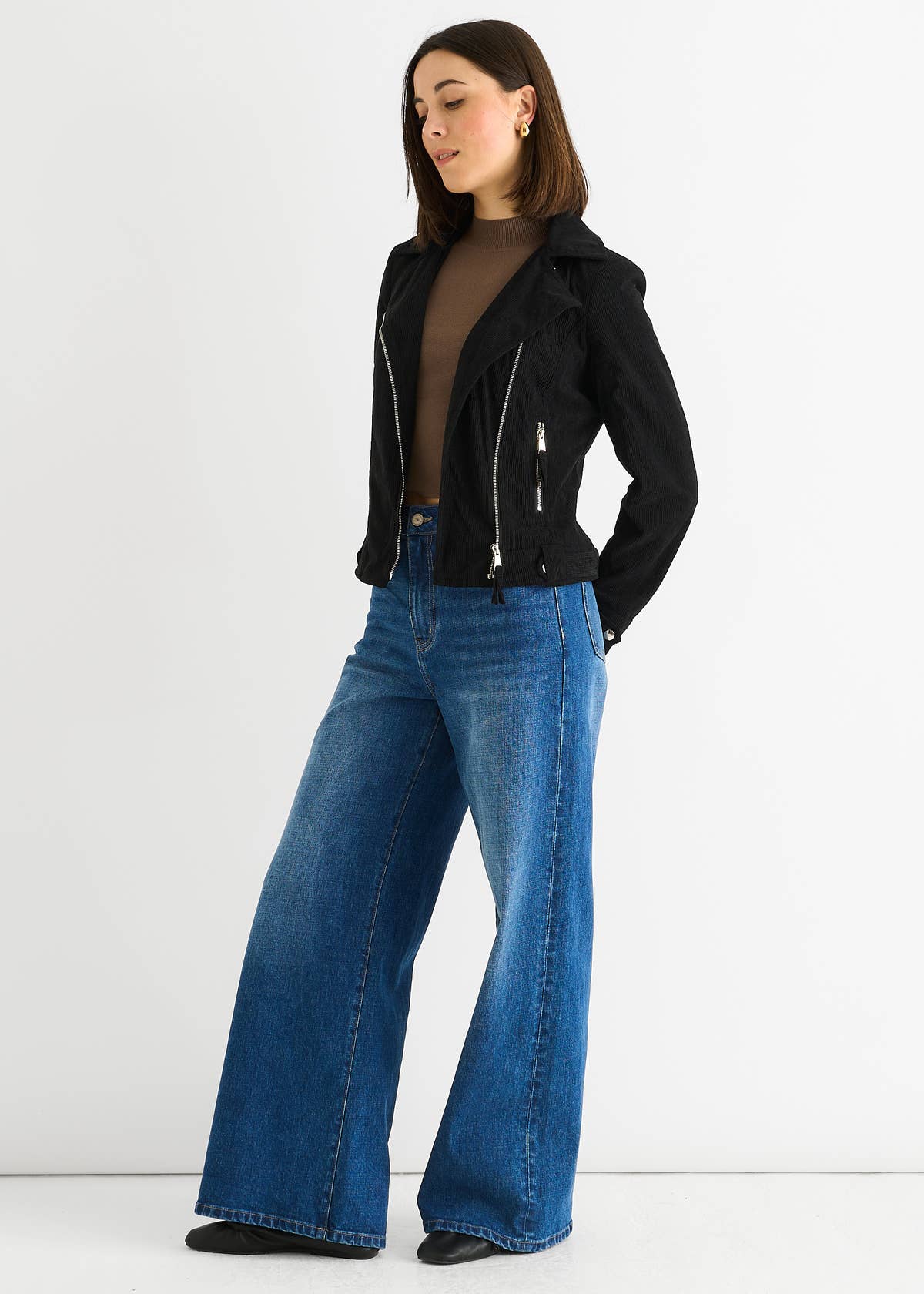 Black Corduroy Biker Zip Up Jacket – View 4 | Gini London