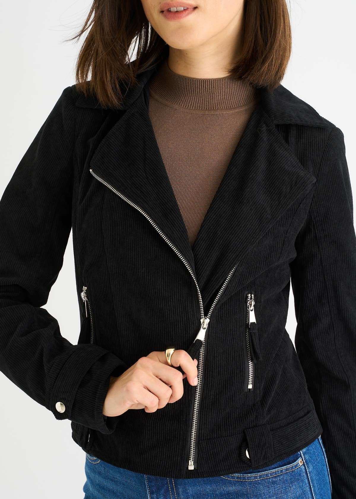 Black Corduroy Biker Zip Up Jacket – View 3 | Gini London