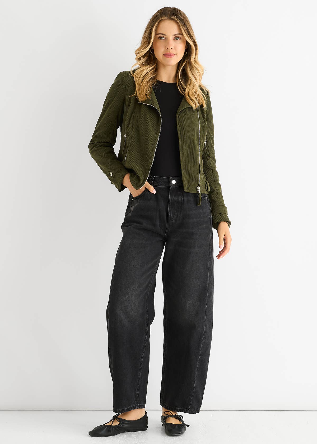 Khaki Corduroy Biker Zip Up Jacket – View 1 | Gini London