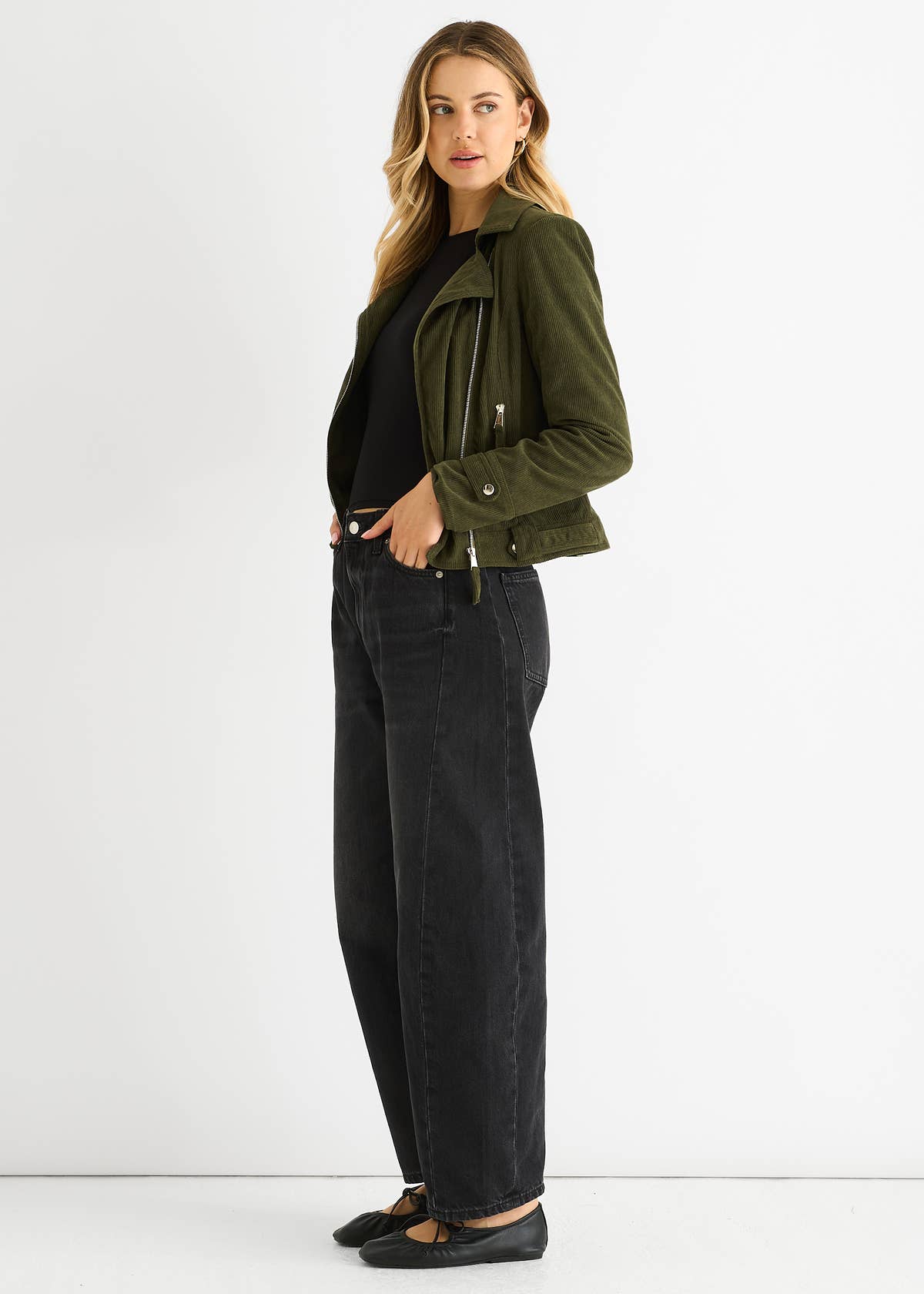 Khaki Corduroy Biker Zip Up Jacket – View 4 | Gini London