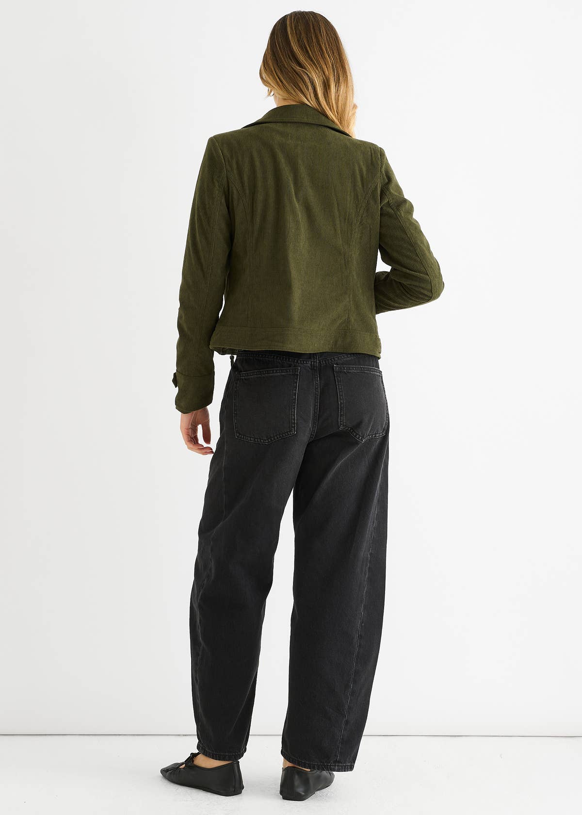 Khaki Corduroy Biker Zip Up Jacket – View 2 | Gini London