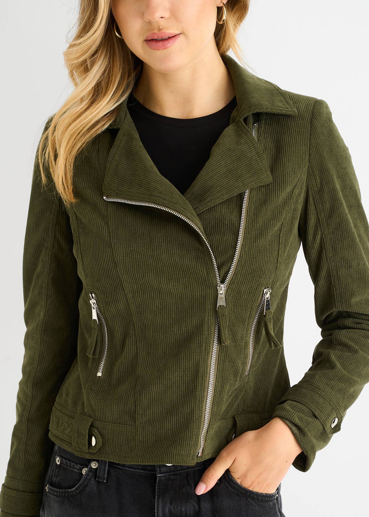 Khaki Corduroy Biker Zip Up Jacket – View 3 | Gini London