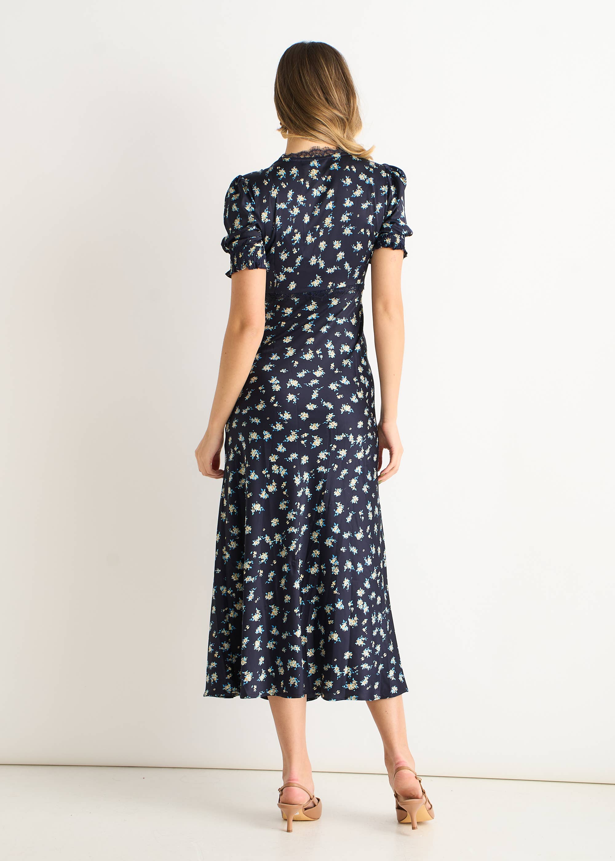 Navy Floral Lace Trim V Neck Midi Dress