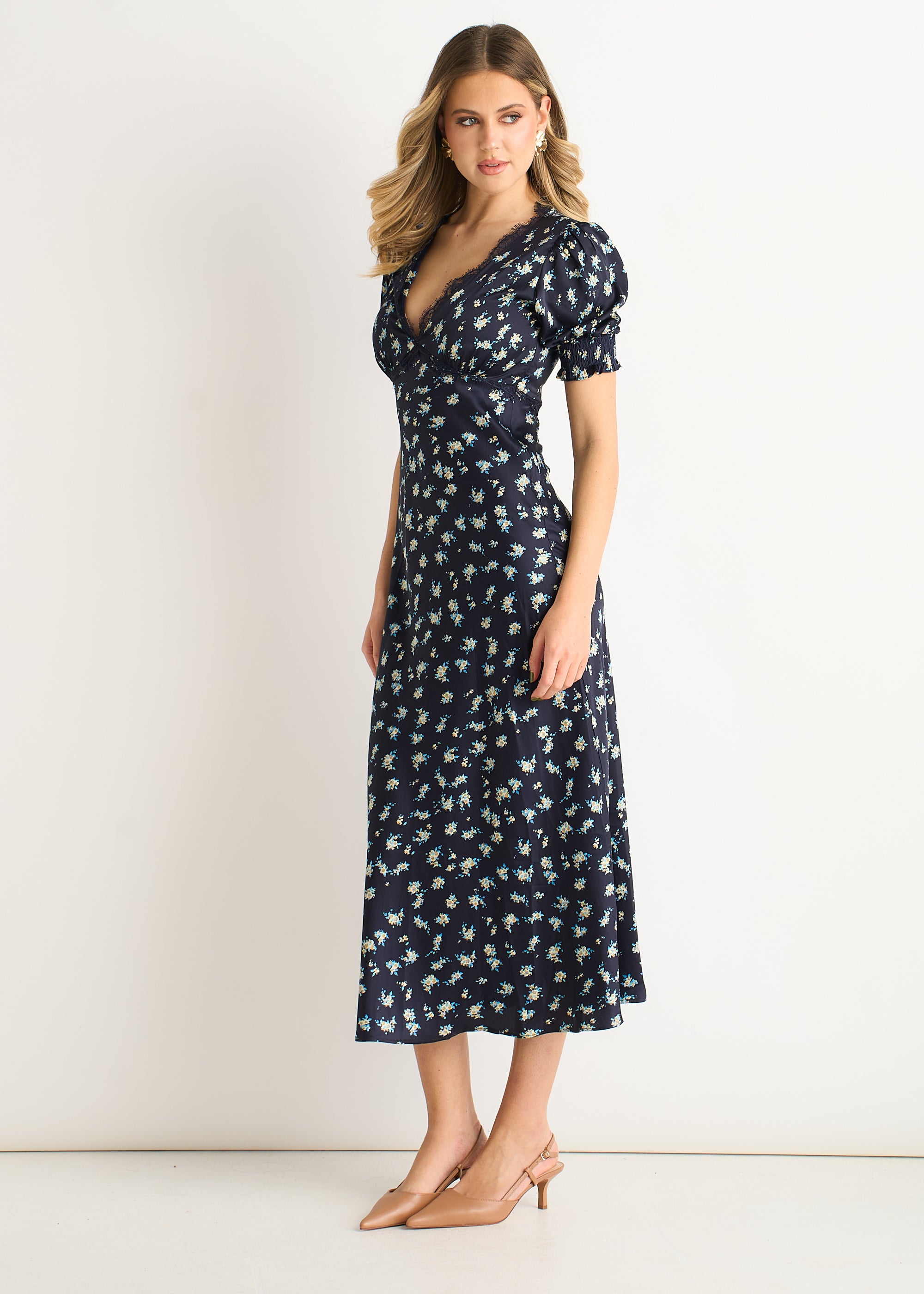 Navy Floral Lace Trim V Neck Midi Dress  Gini London