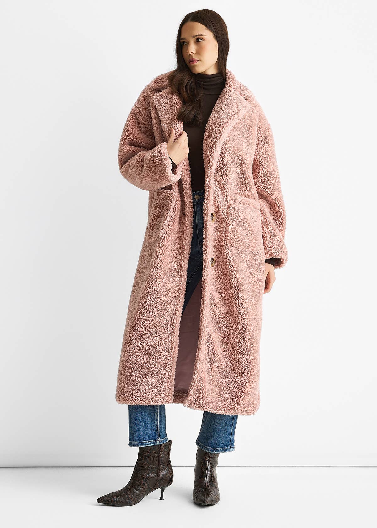 Blush Longline Teddy Coat – View 1 | Gini London