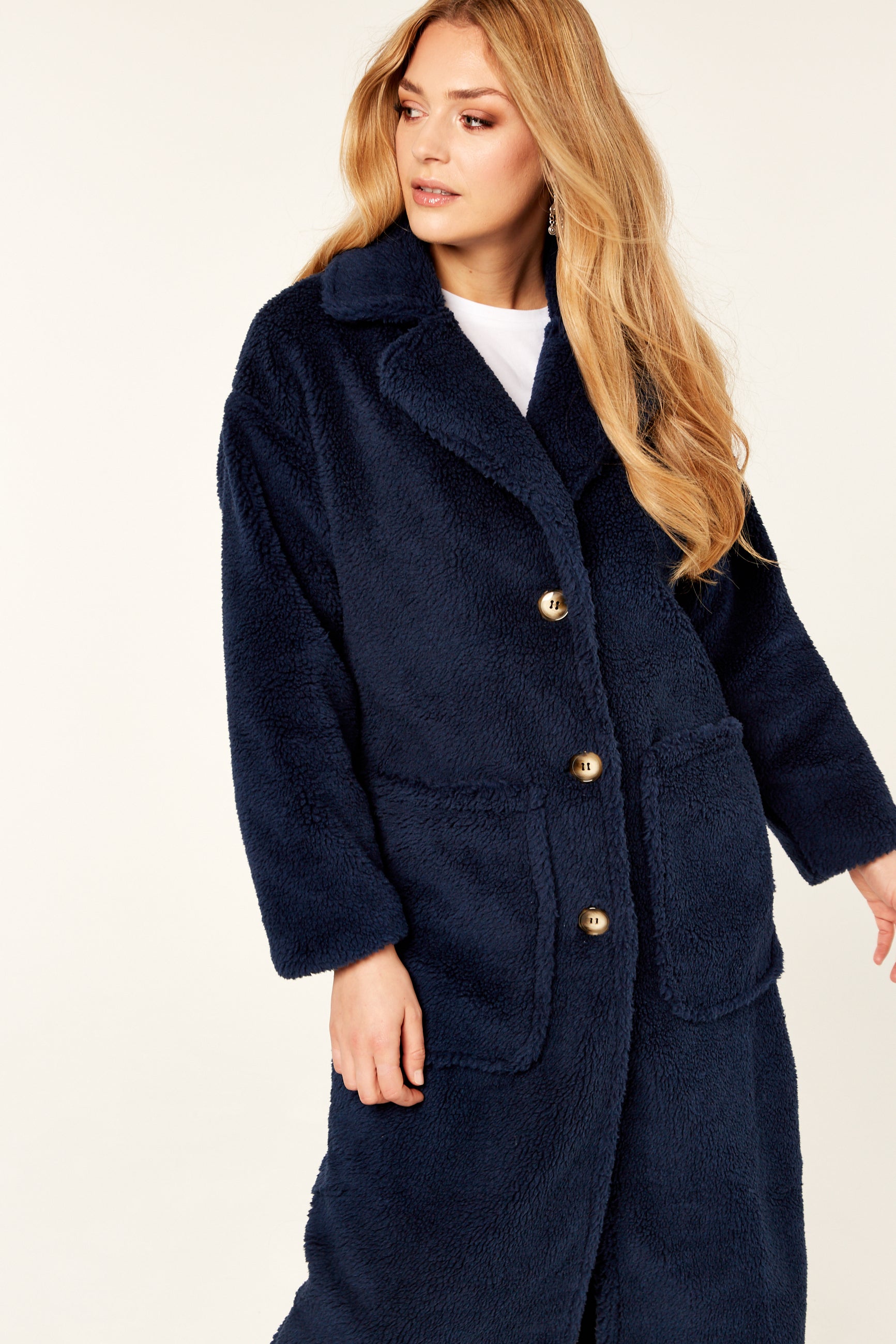 Navy Longline Teddy Coat