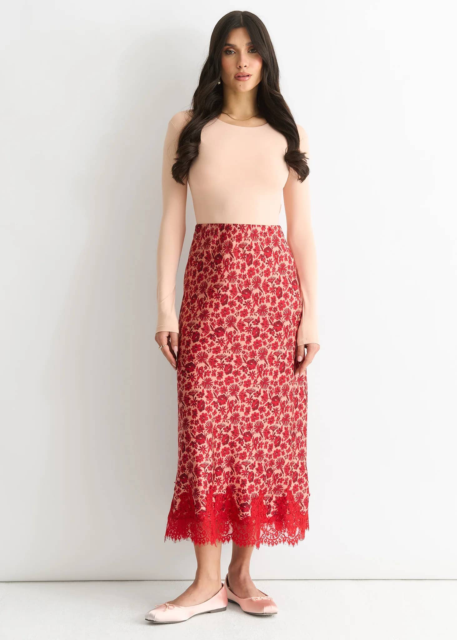 Red Floral Lace Trim Bias Midi Skirt