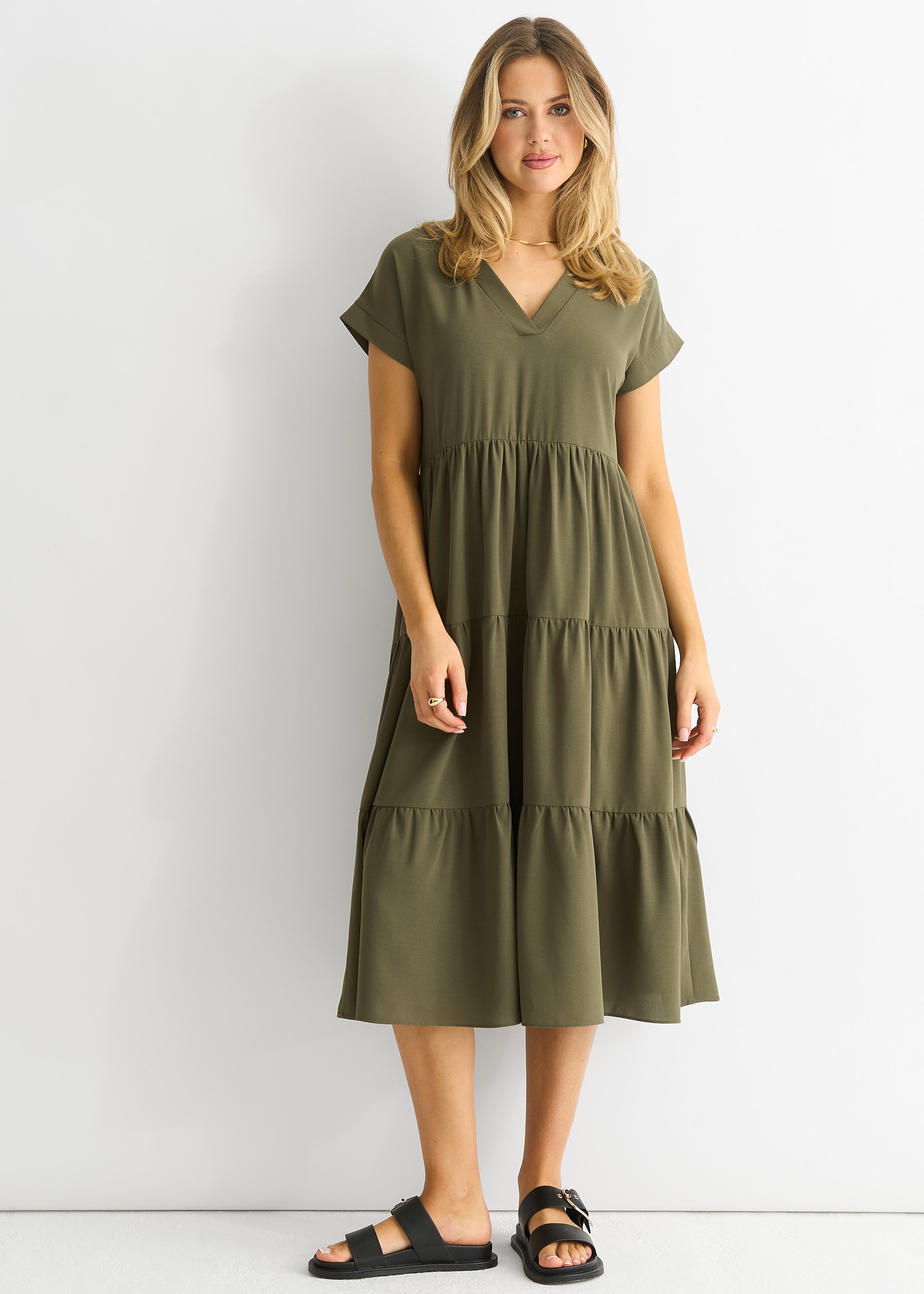 V Neck Pocket Smock Midi Dress