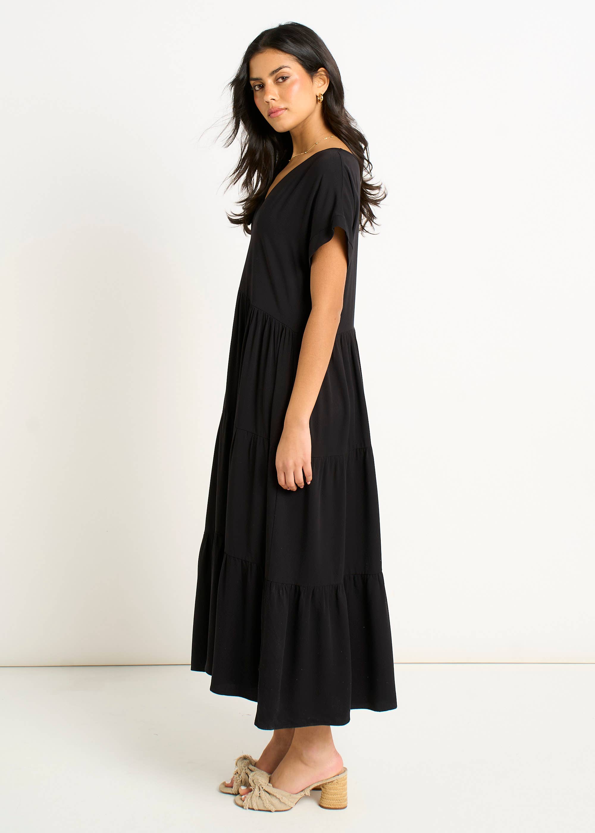 black smock midi dress Black V Neck Pocket Smock Midi Dress – Gini London