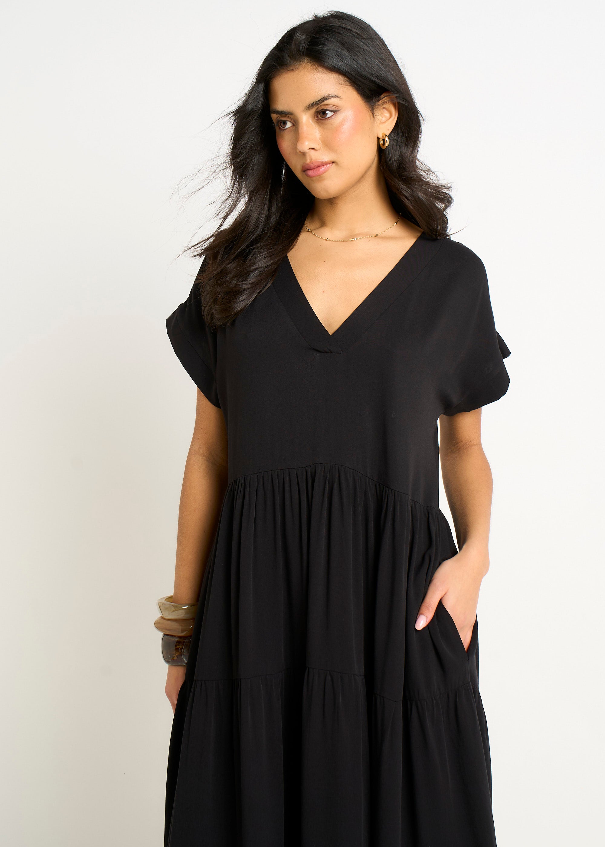 Black V Neck Pocket Smock Midi Dress