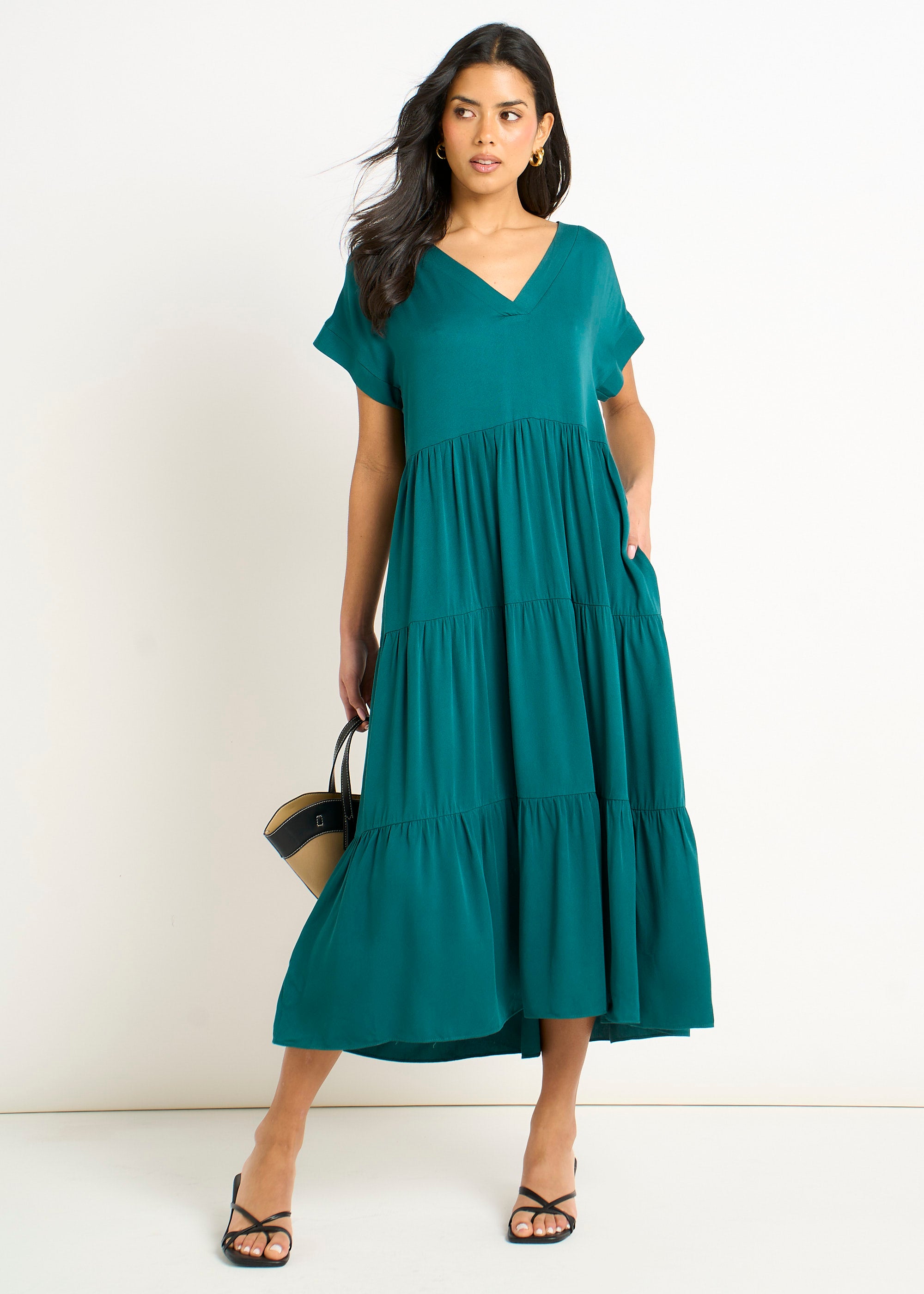 V Neck Pocket Smock Midi Dress