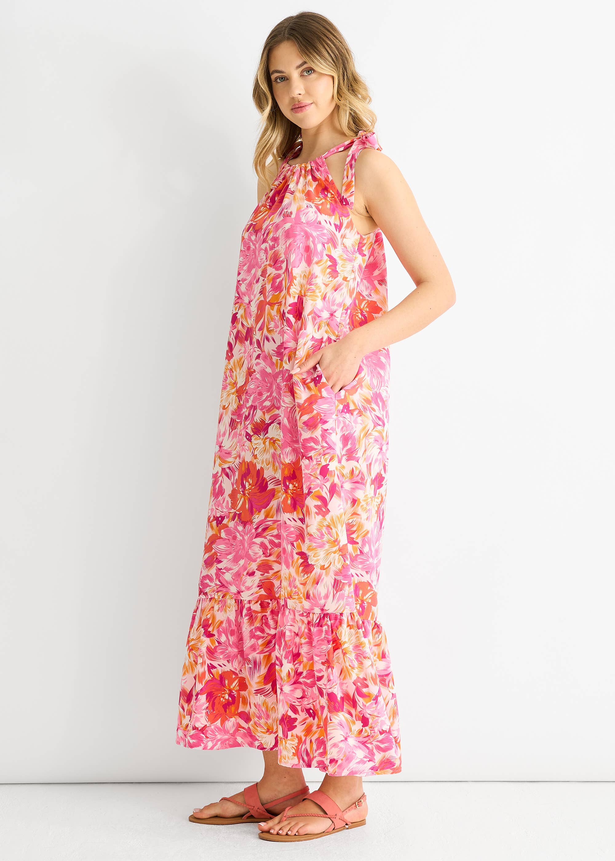 Pink Floral Tie Straps Trapeze Dress