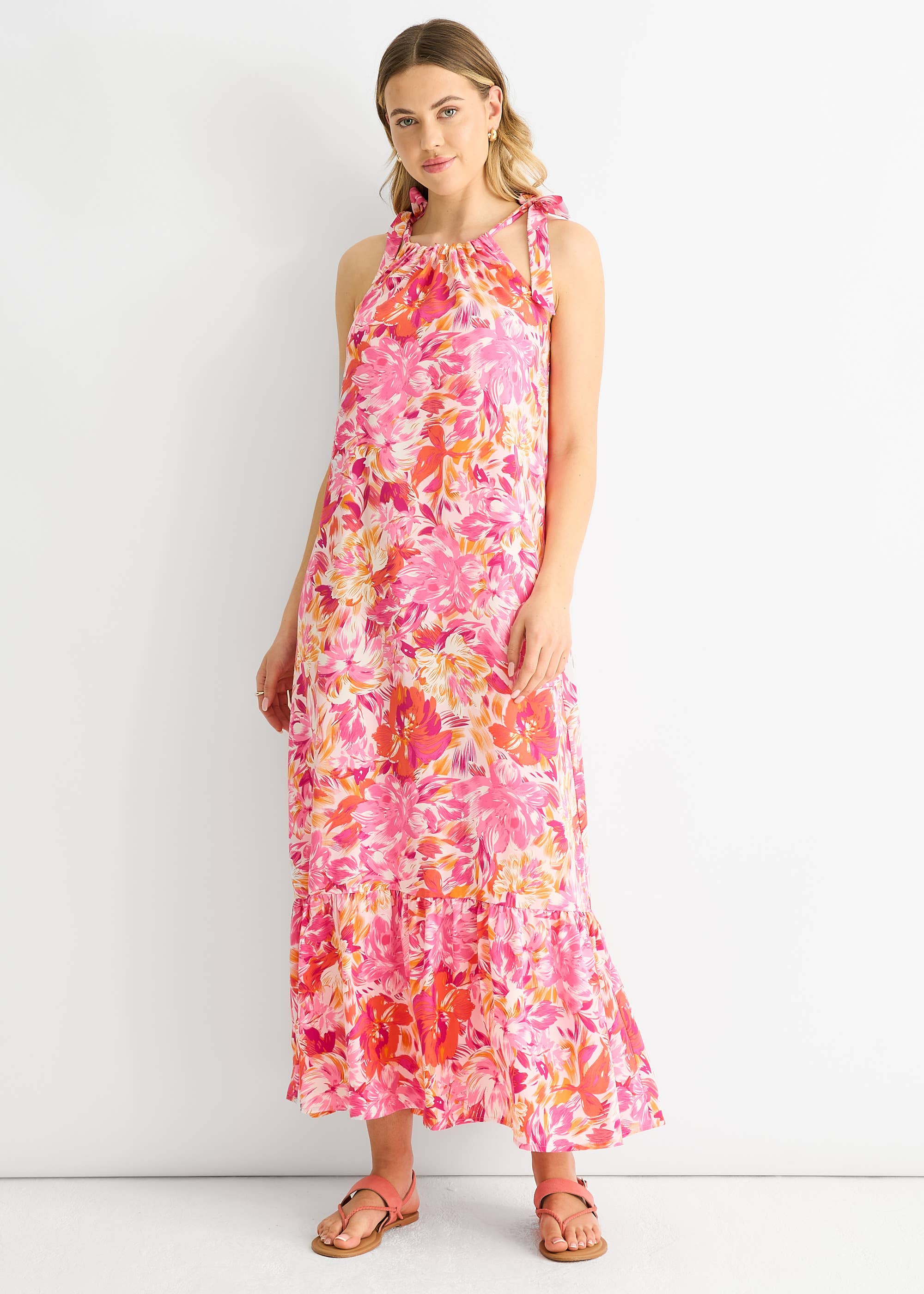 Pink Floral Tie Straps Trapeze Dress