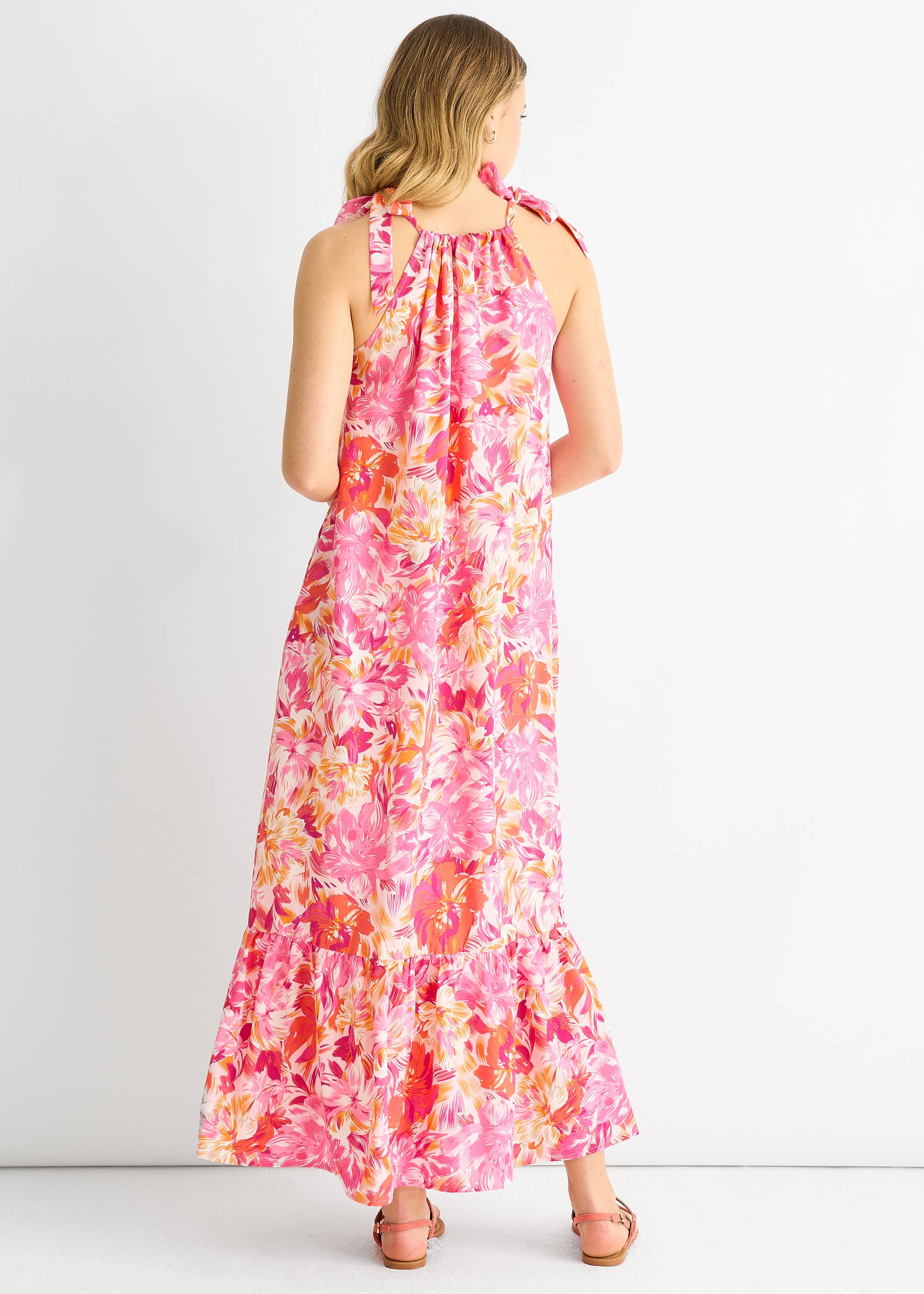 Pink Floral Tie Straps Trapeze Dress