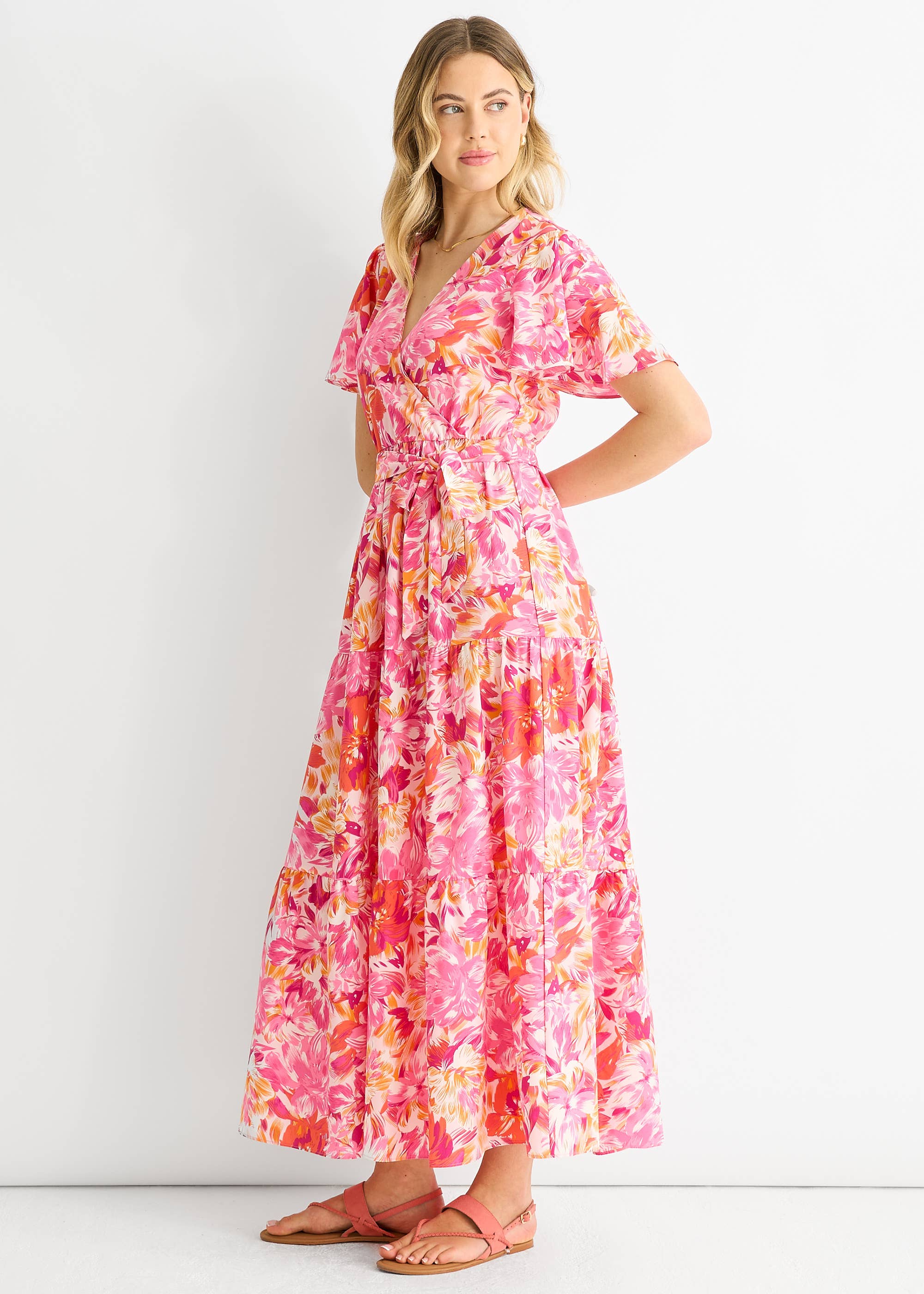 Pink Floral Wrap Belted Midi Dress