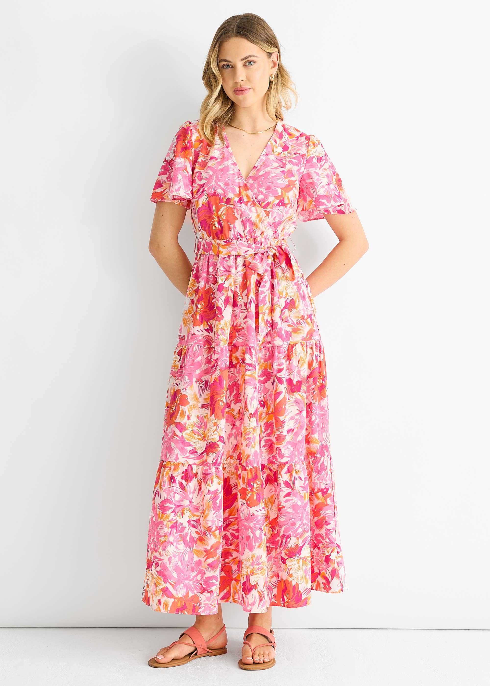 Pink Floral Wrap Belted Midi Dress