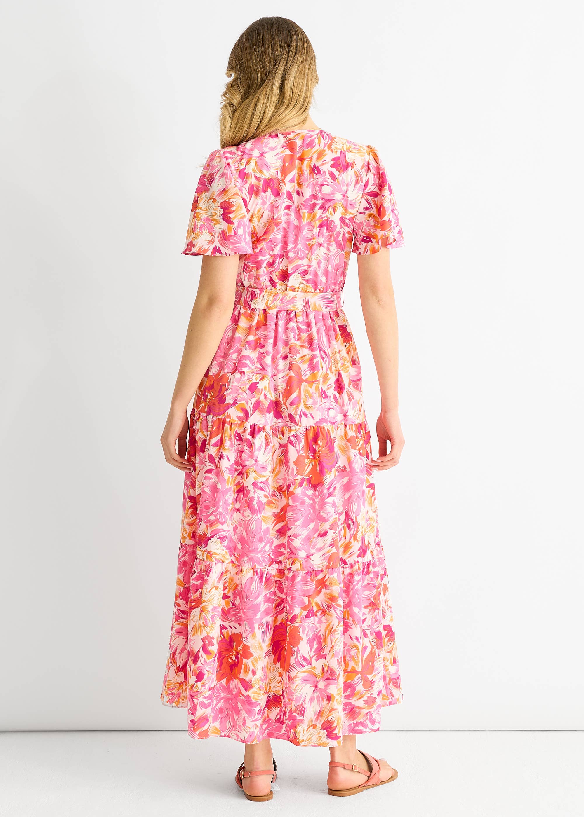 Pink Floral Wrap Belted Midi Dress