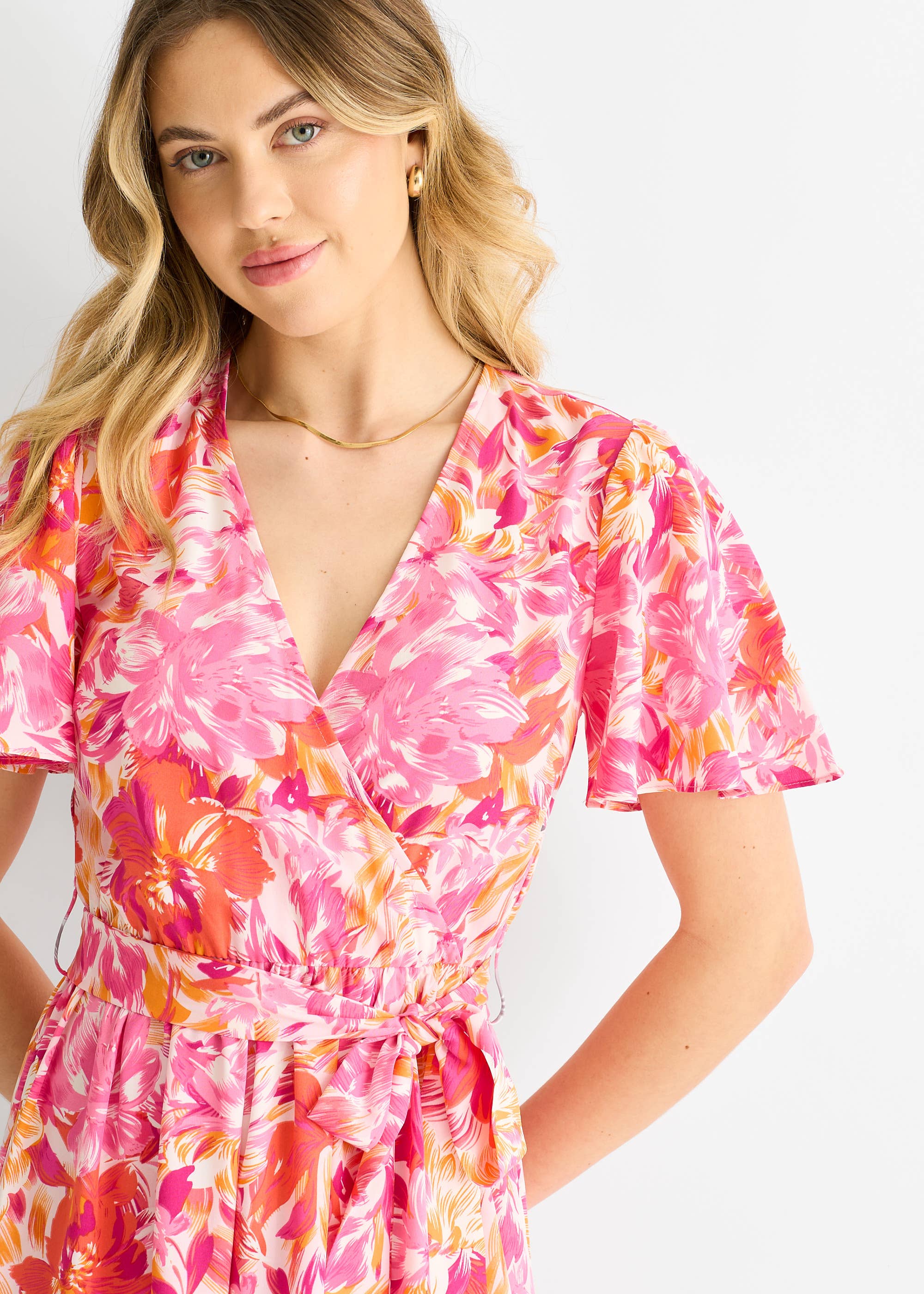 Pink Floral Wrap Belted Midi Dress