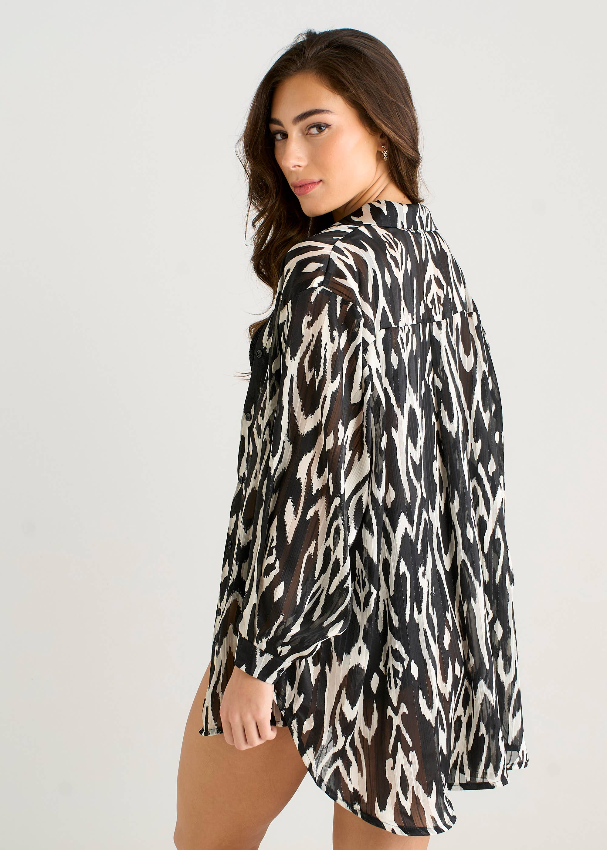 Mono Aztec Print Stripe Lurex Beach Shirt