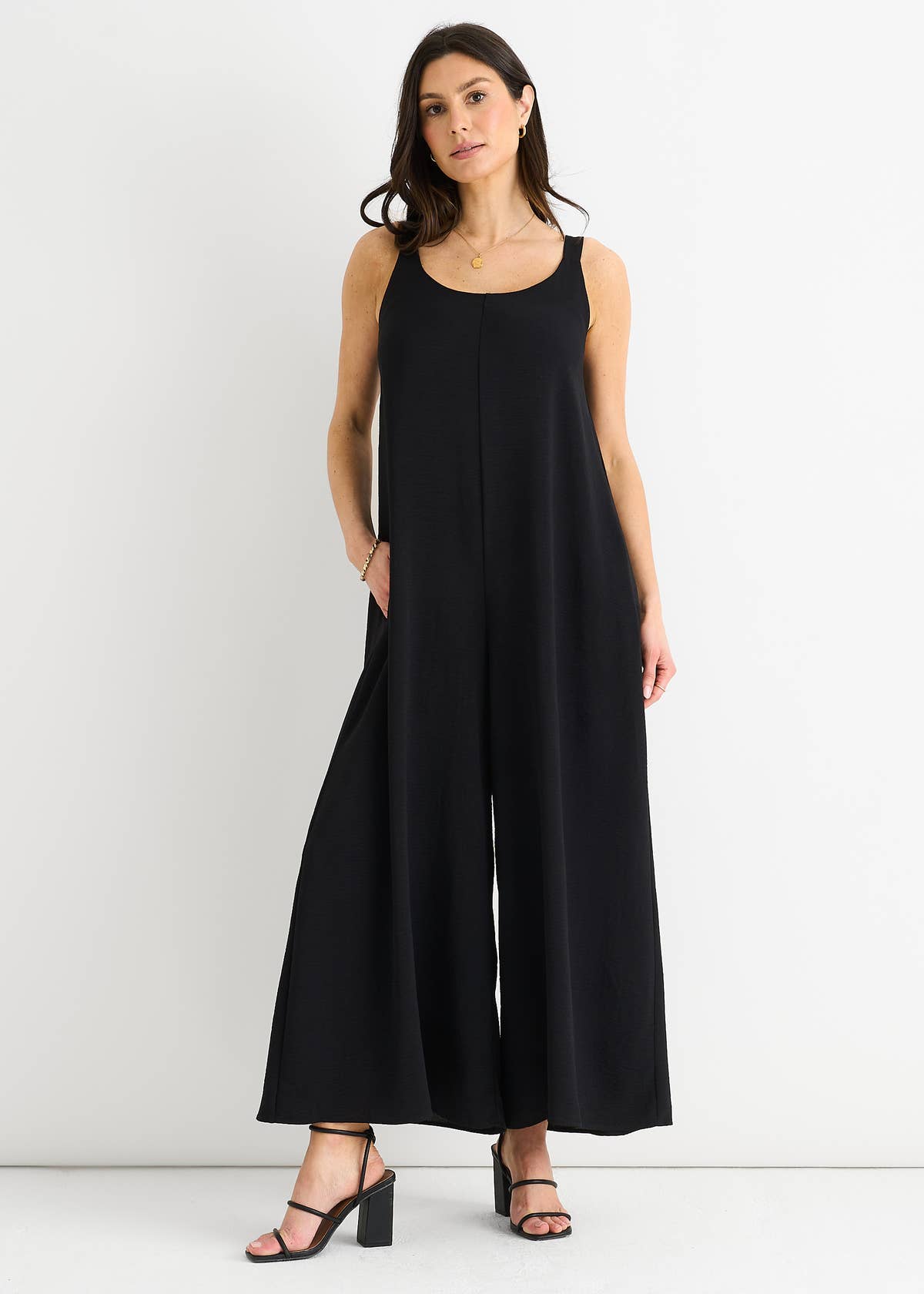 Black Air Flow Strappy Wide Leg Jumpsuit – View 1 | Gini London