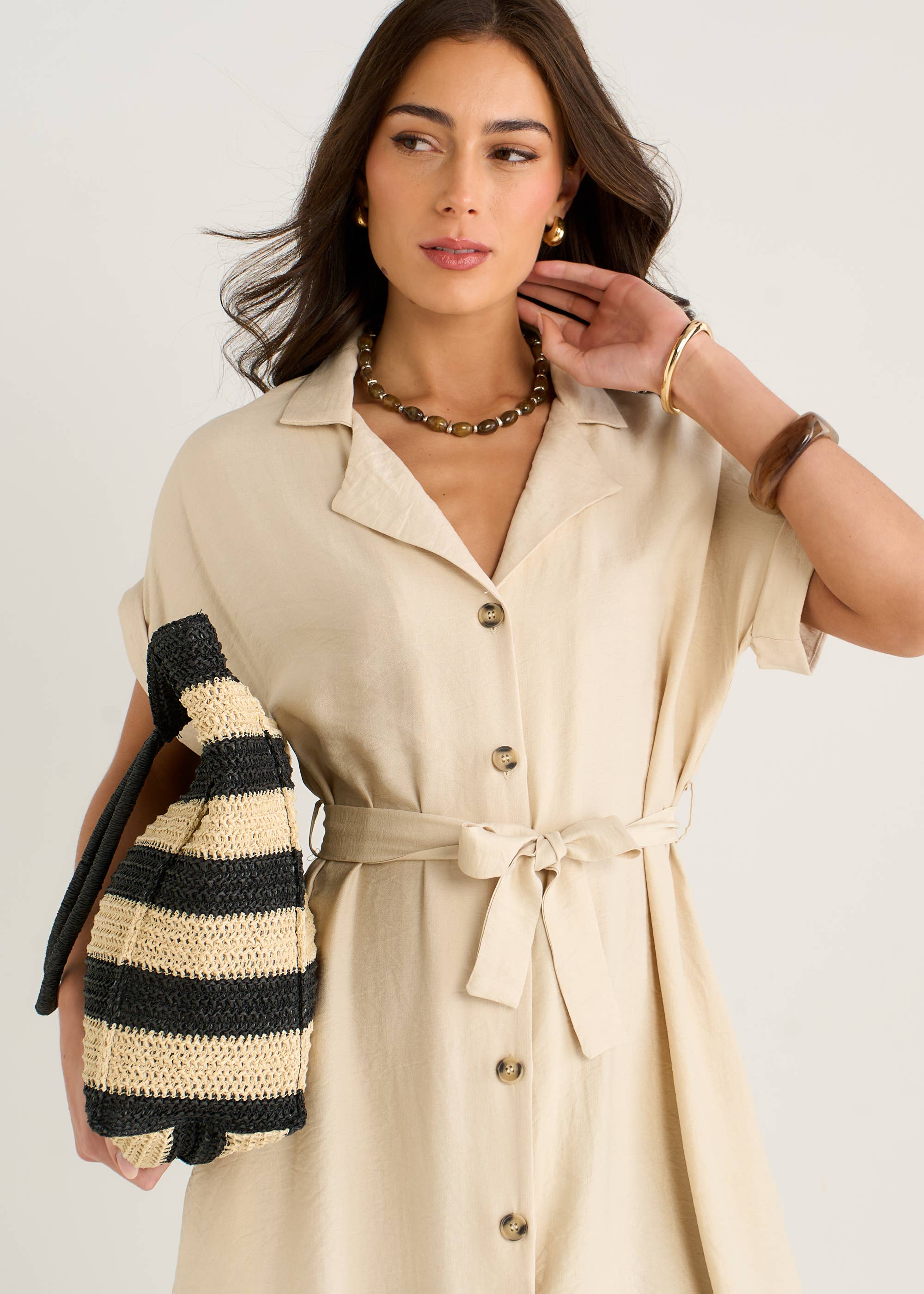 Beige Utility Belted Oversized Viscose Shirt Dress