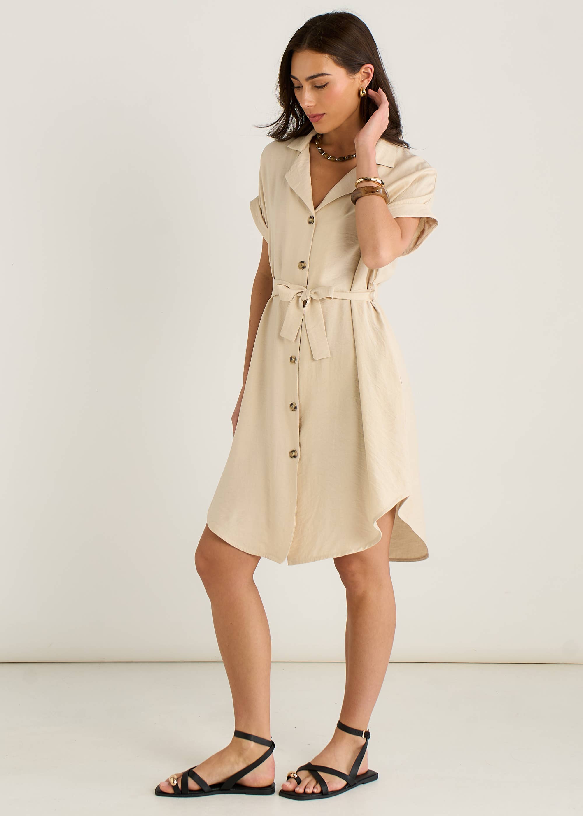 Beige Utility Belted Oversized Viscose Shirt Dress