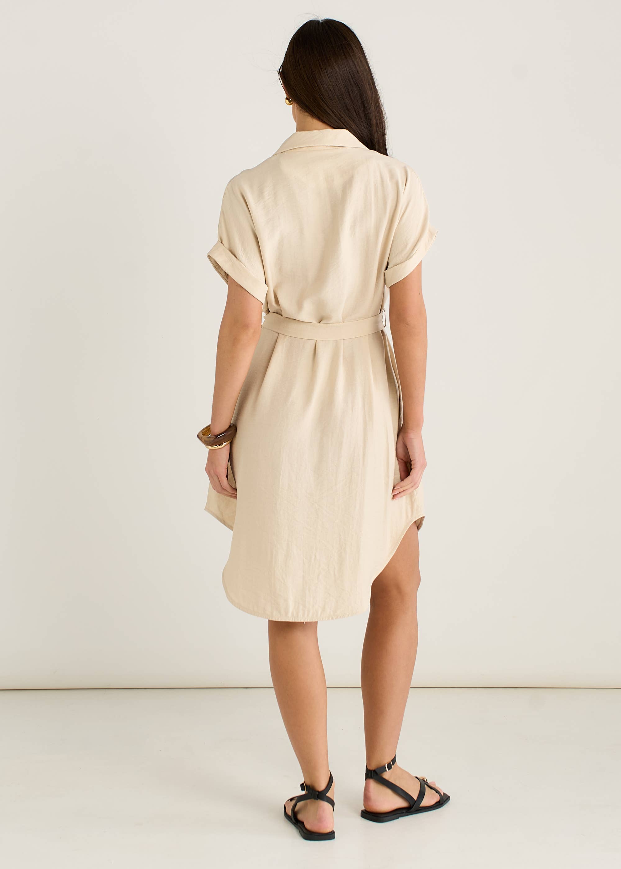Beige Utility Belted Oversized Viscose Shirt Dress