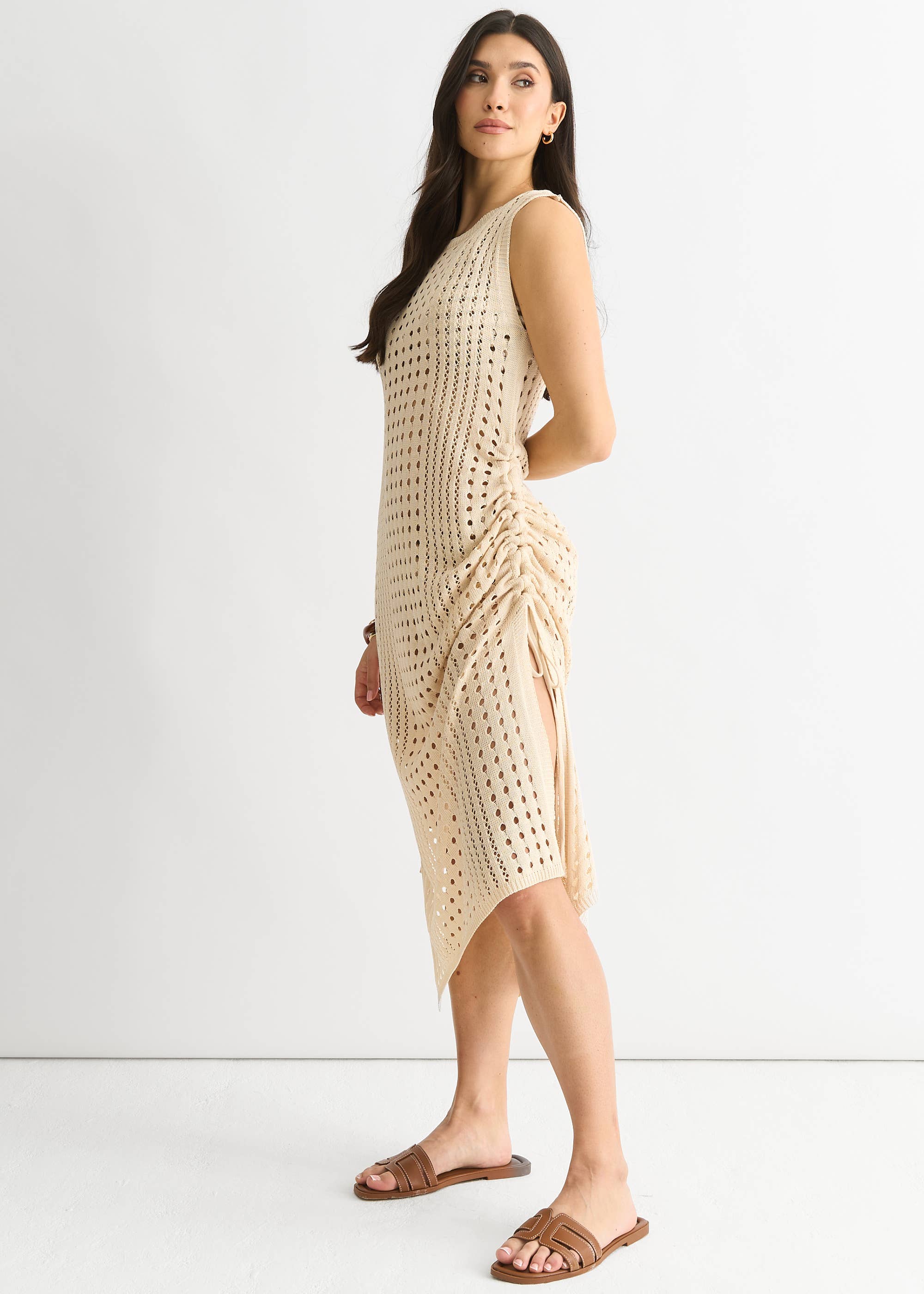 Beige Crochet Knit Bodycon Midi Dress