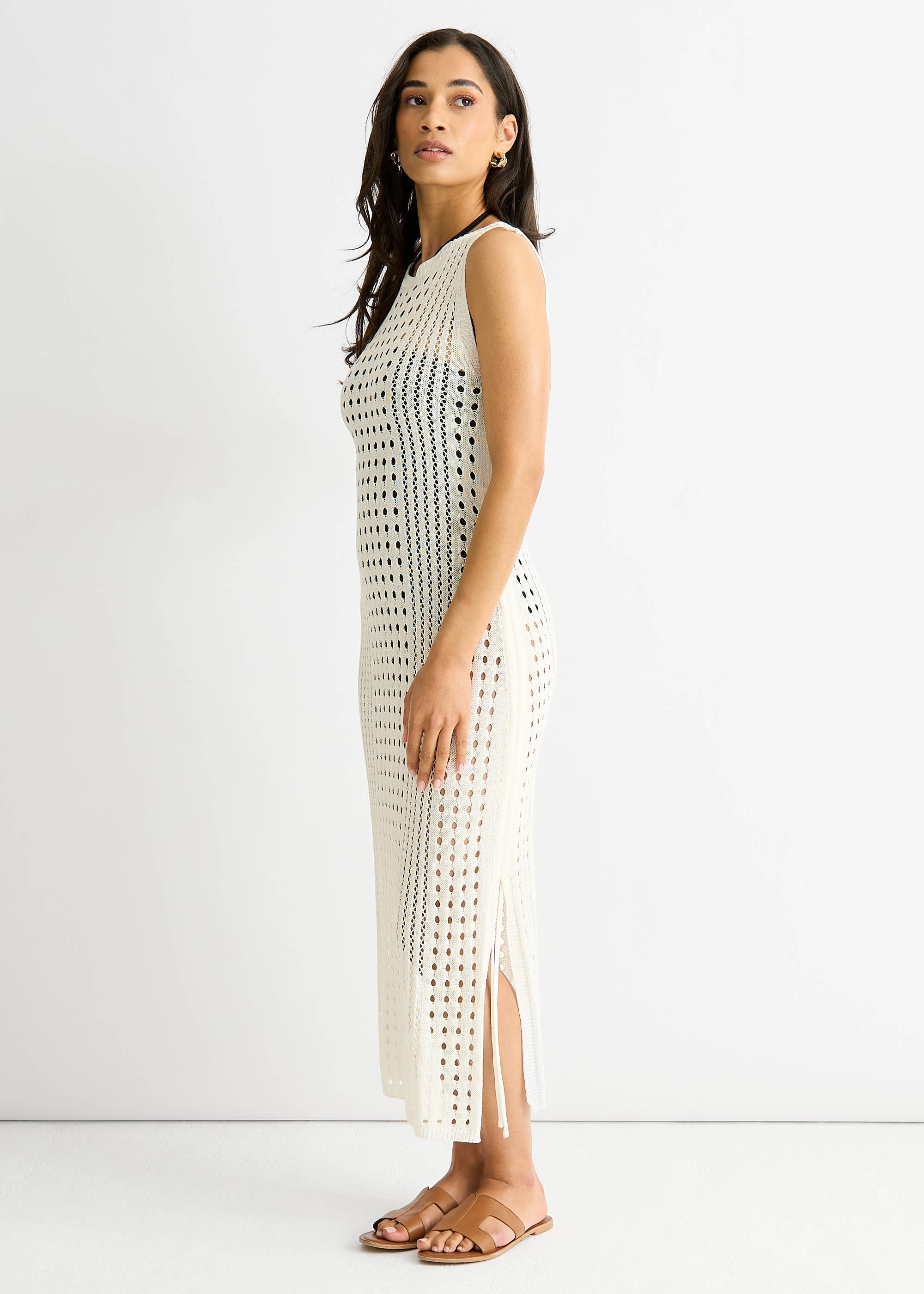 White Crochet Knit Bodycon Midi Dress
