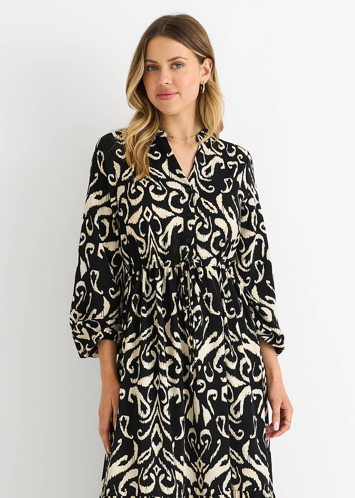 Black Ikat Print Tie Waist Maxi Dress – View 3 | Gini London