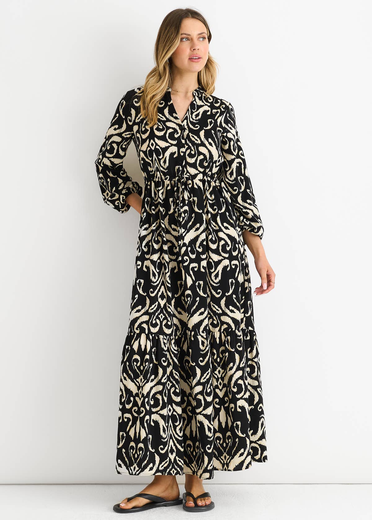 Black Ikat Print Tie Waist Maxi Dress – View 1 | Gini London