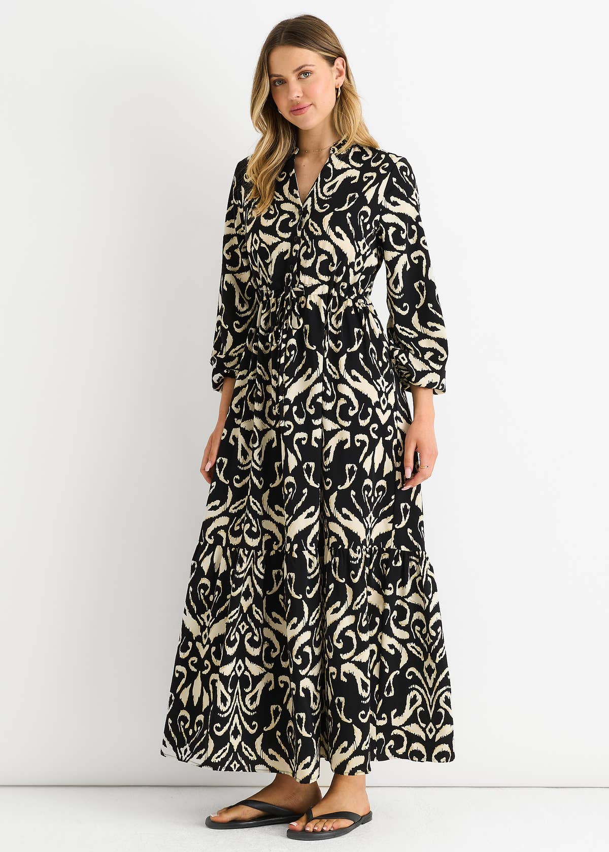 Black Ikat Print Tie Waist Maxi Dress – View 4 | Gini London