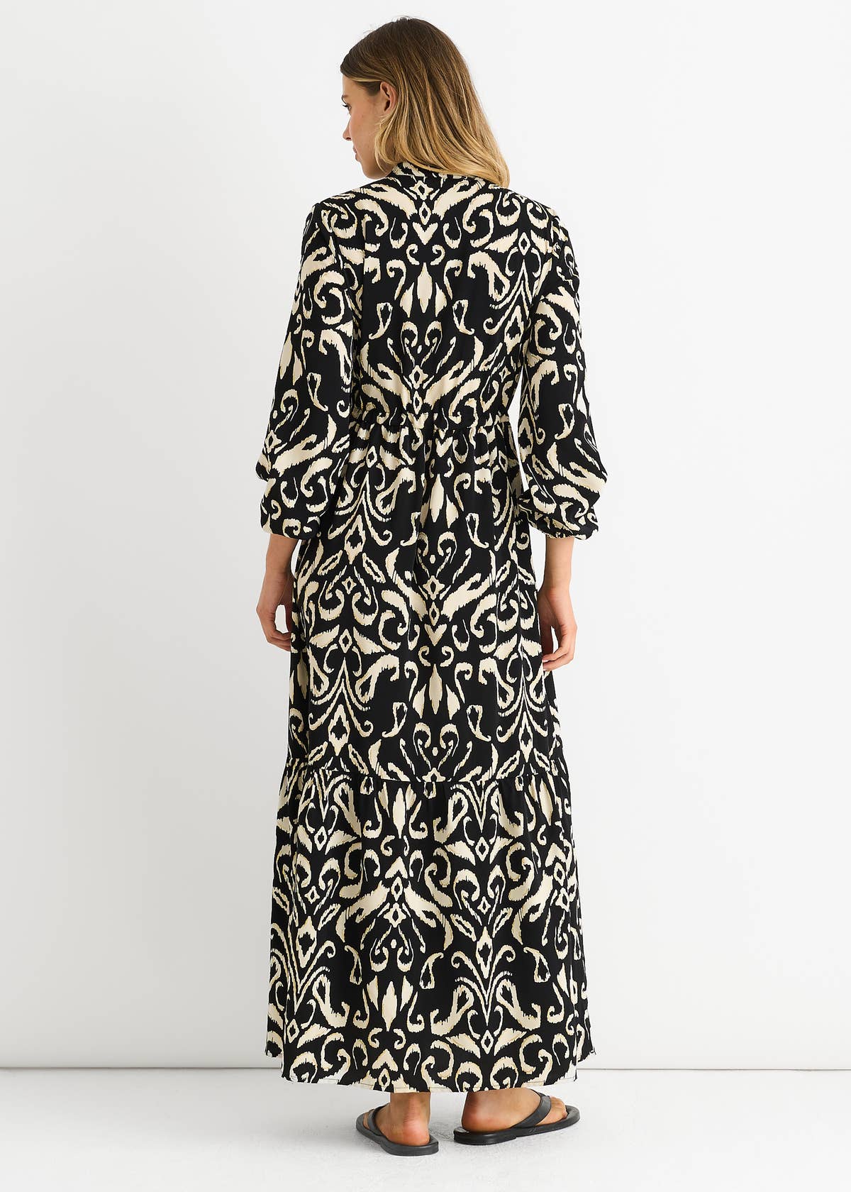 Black Ikat Print Tie Waist Maxi Dress – View 2 | Gini London