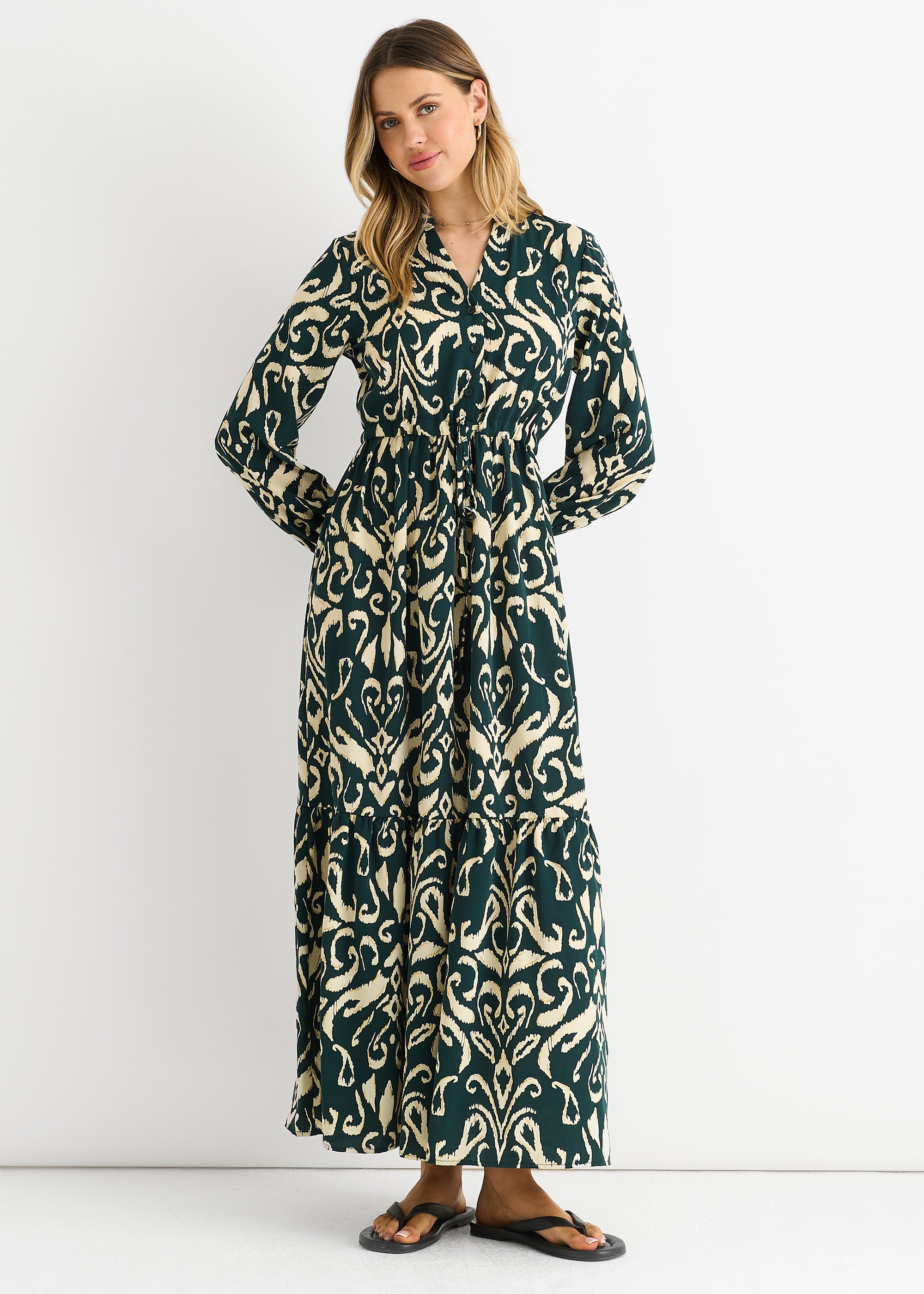 Ikat Print Tie Waist Maxi Dress