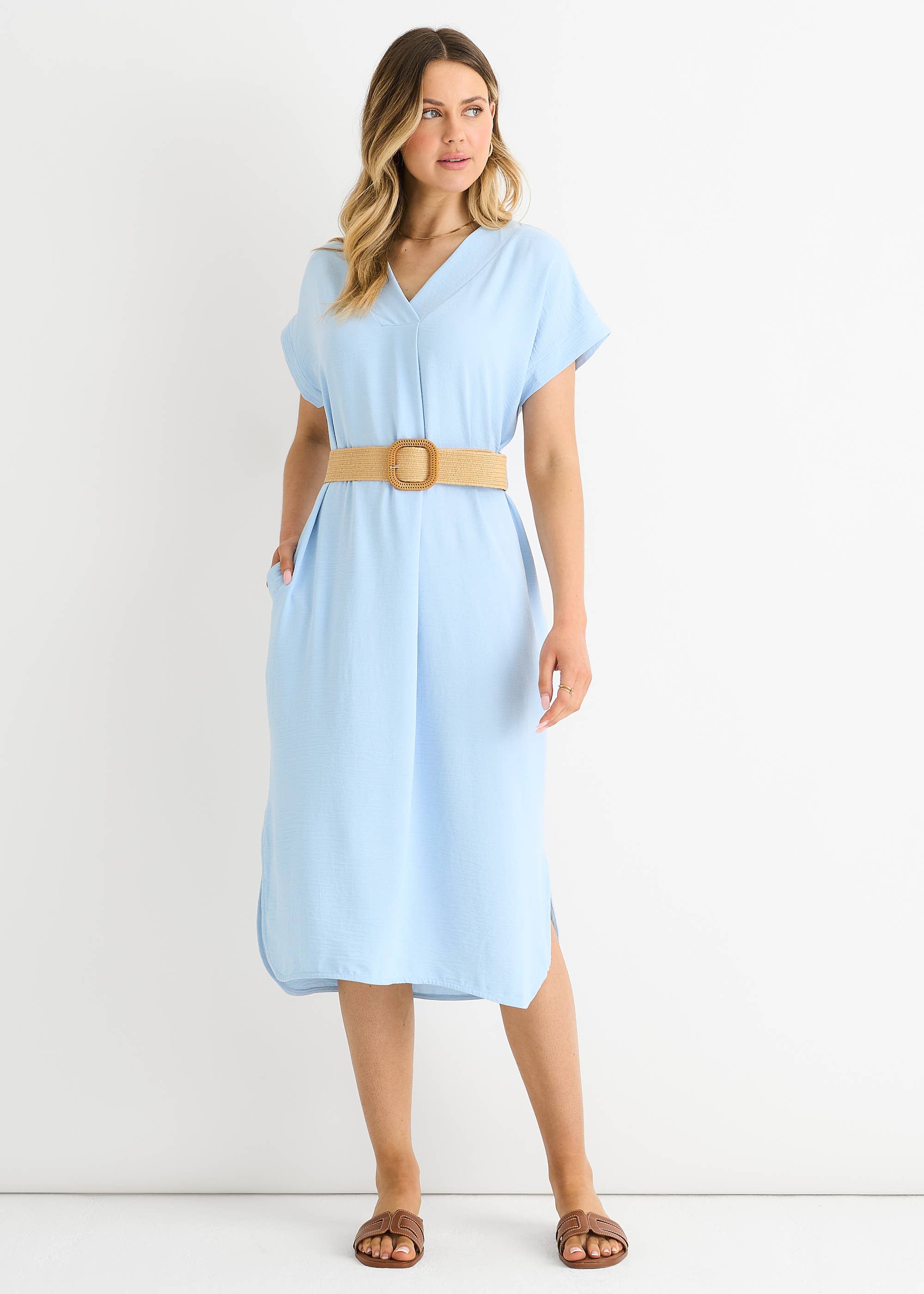 Blue Air Flow Belted Oversized Dress