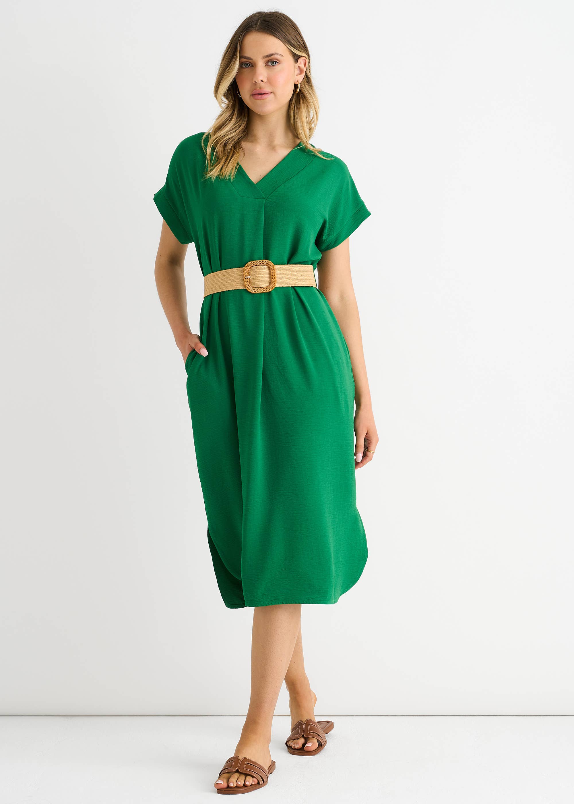 Green Air Flow Belted Oversized Dress