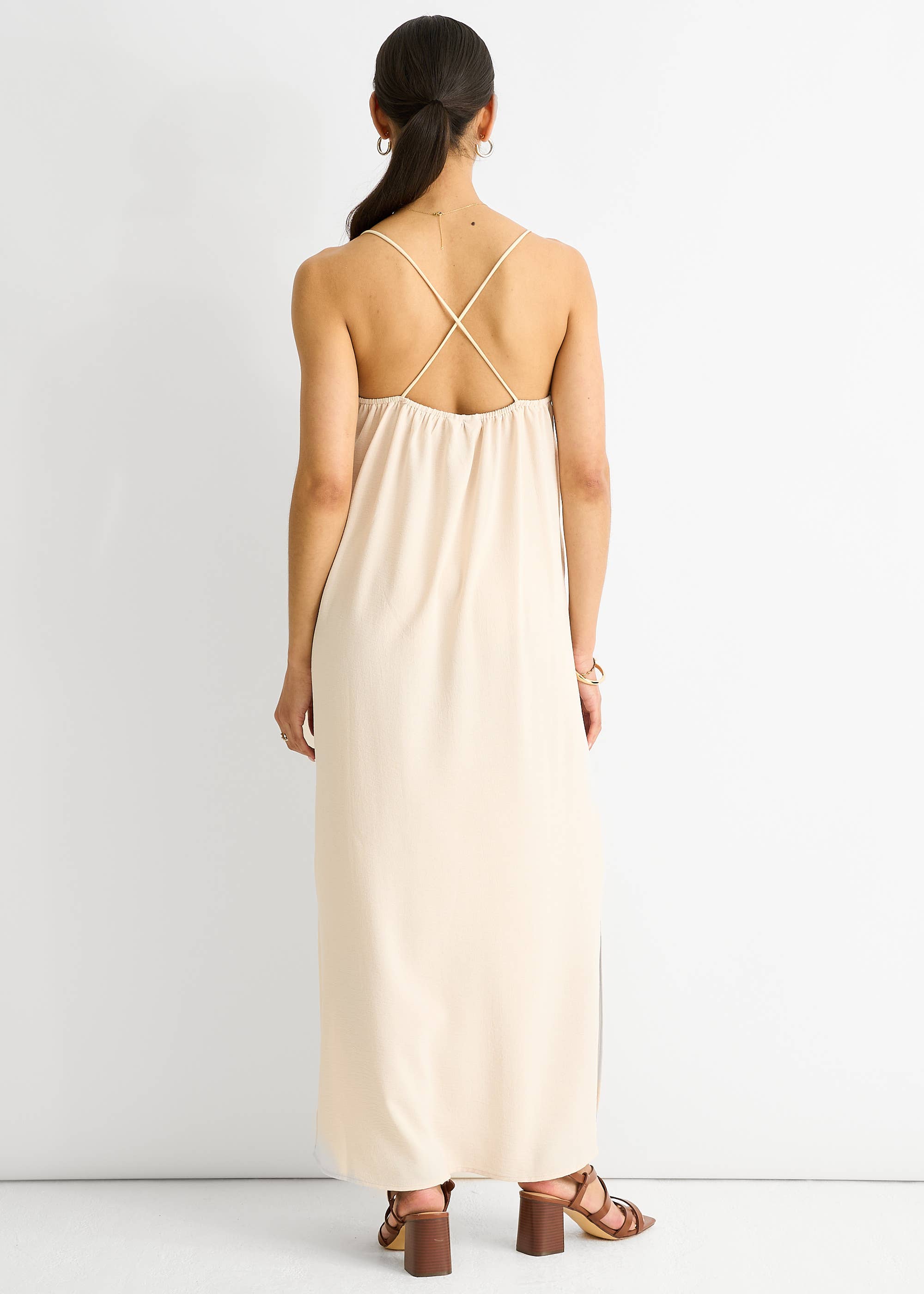 Beige Strappy Cross Back Airflow Oversized Dress