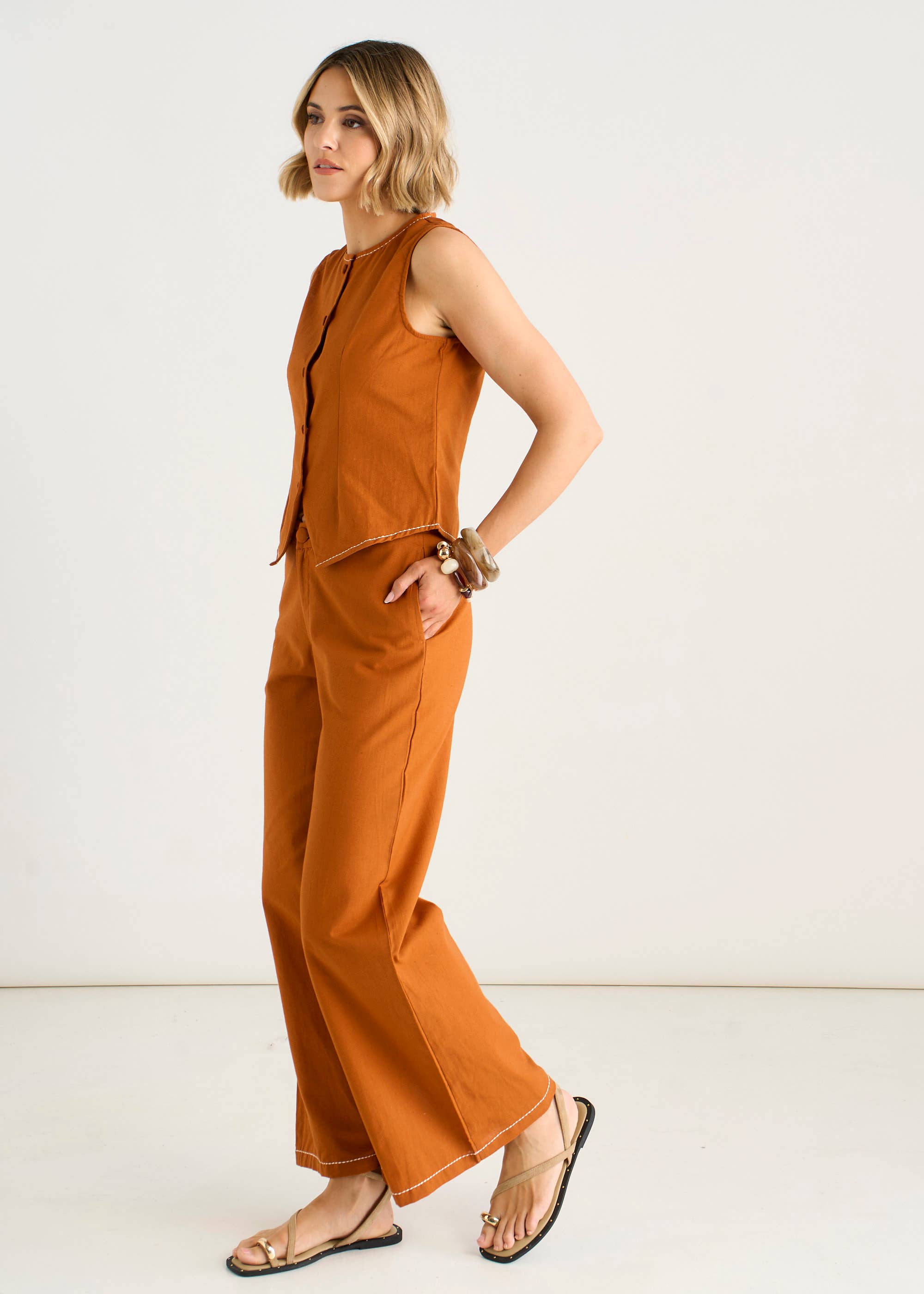 Rust Contrast Embroidery Stitch Detail Trouser