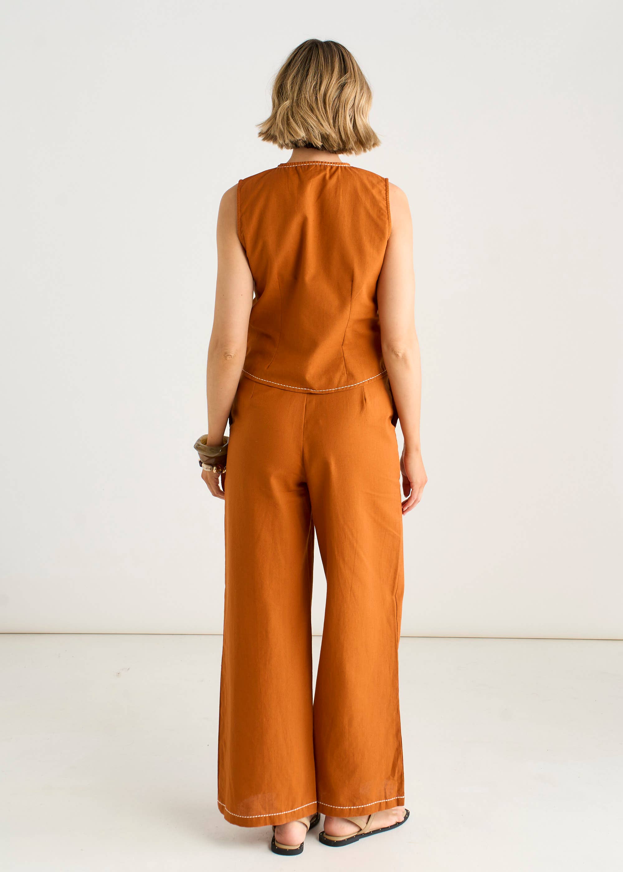 Rust Cotton Contrast Stitch Detail Waistcoat