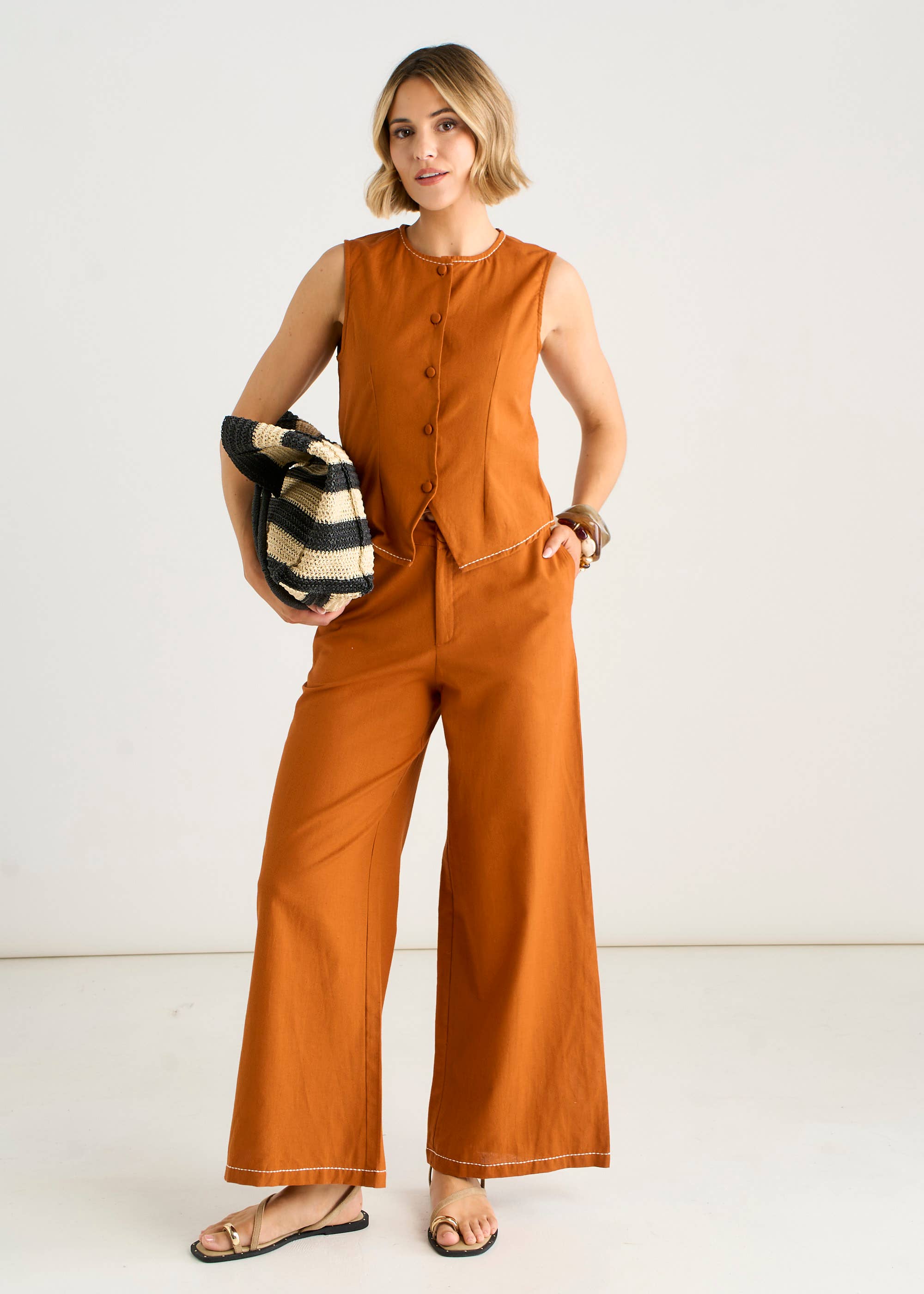 Rust Contrast Embroidery Stitch Detail Trouser
