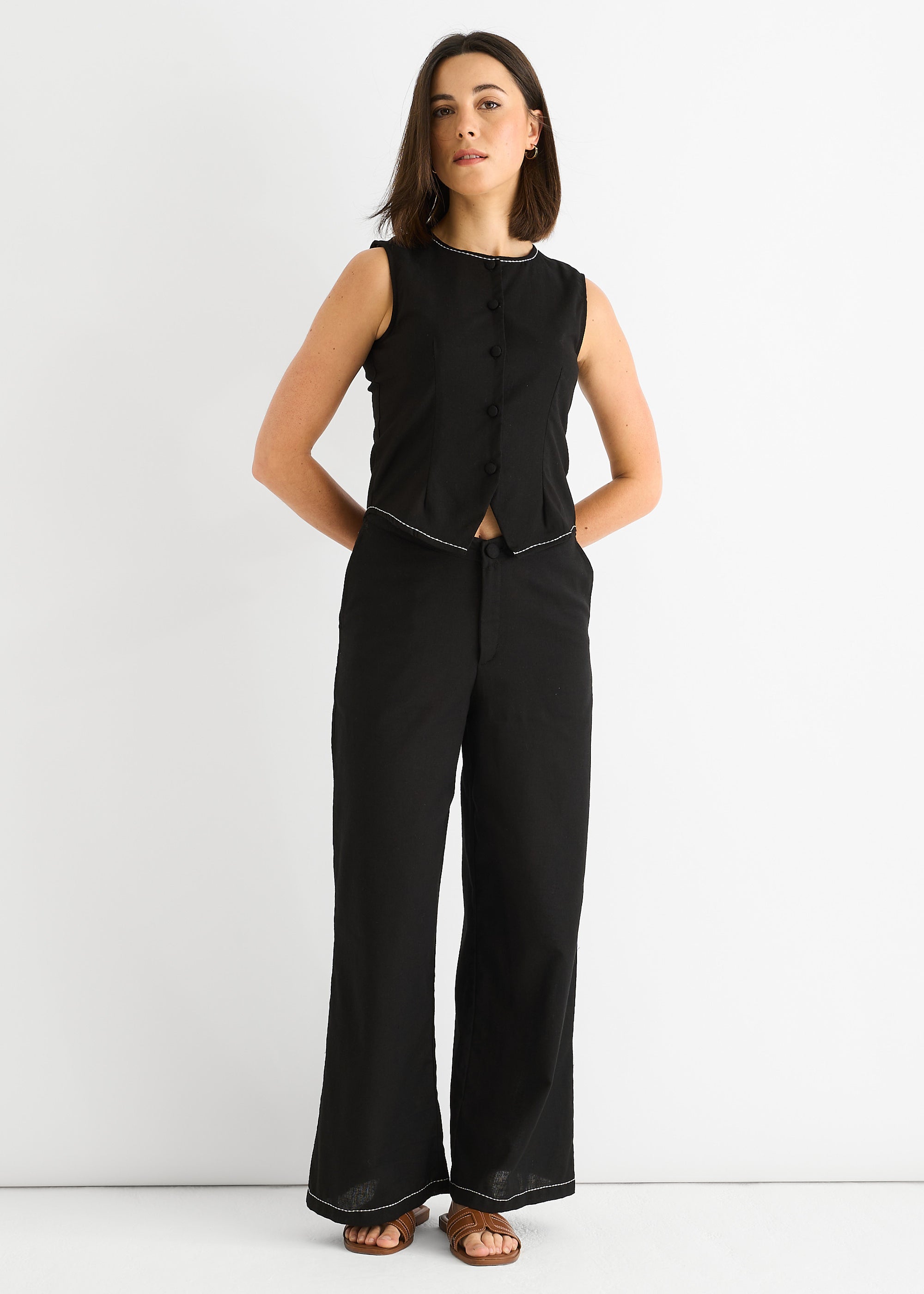 Contrast Embroidery Stitch Detail Trouser