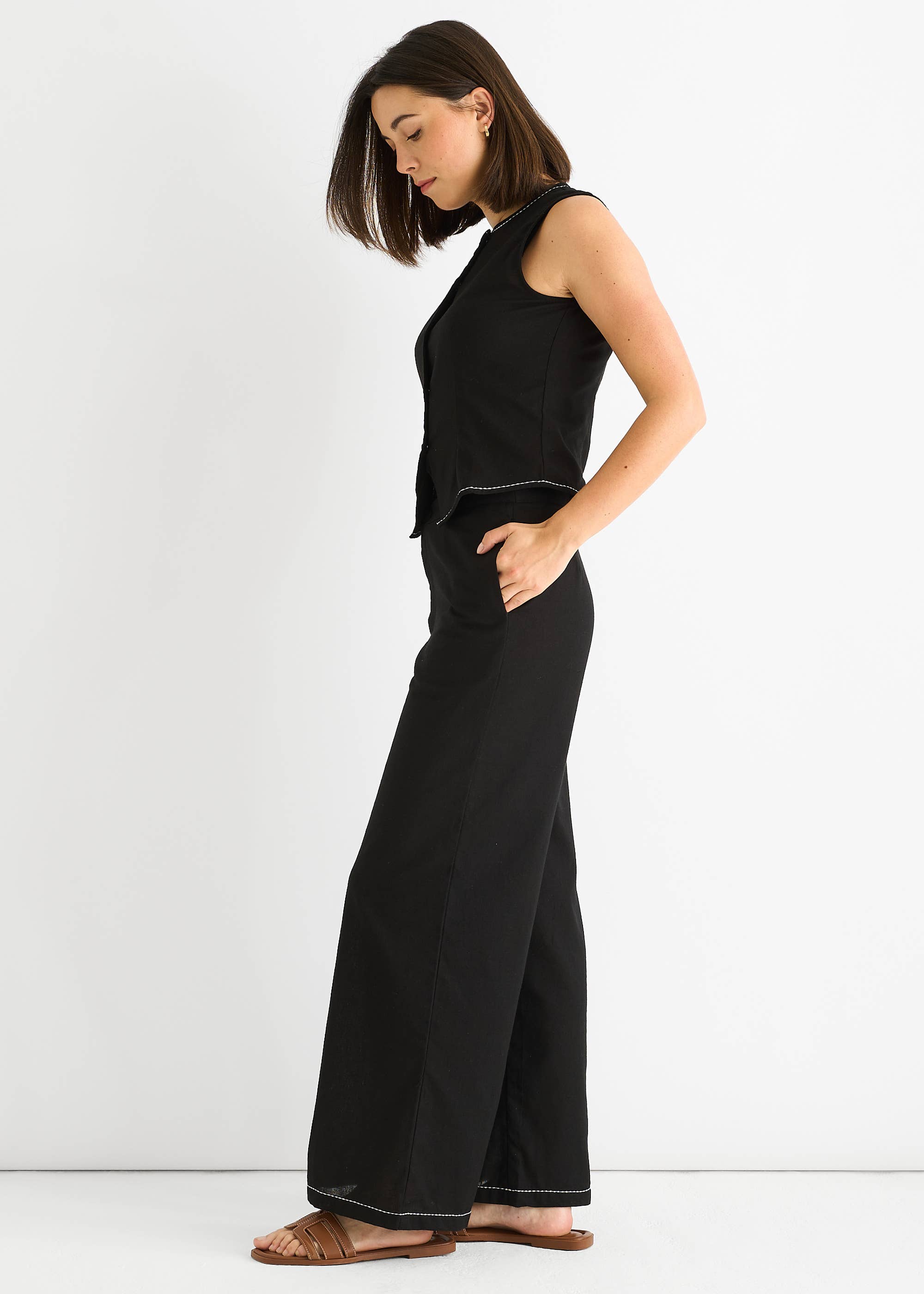 Black Cotton Contrast Stitch Detail Waistcoat