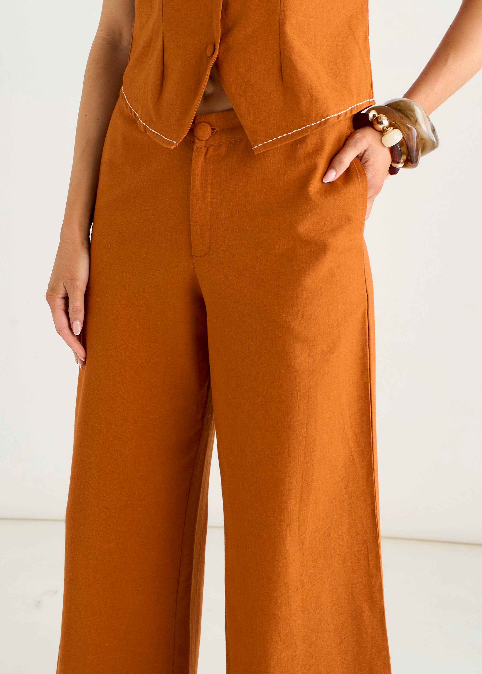 Rust Contrast Embroidery Stitch Detail Trouser