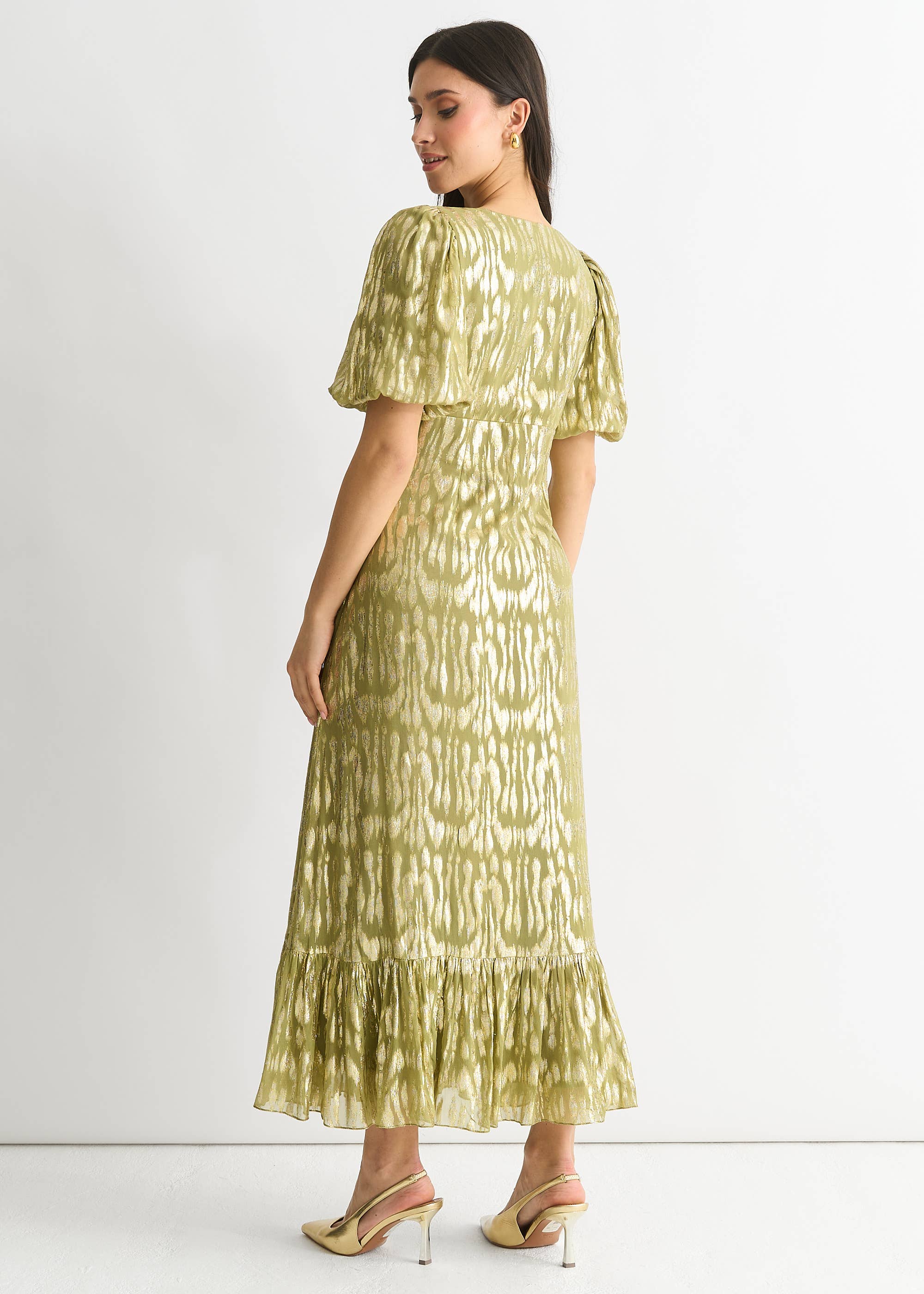 Green Viscose Animal Jacquard Occasion Midi Dress