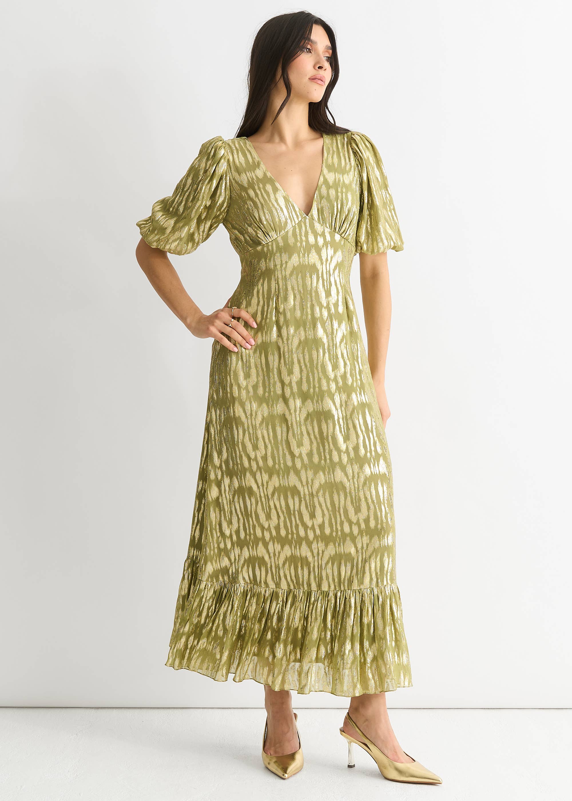 Green Viscose Animal Jacquard Occasion Midi Dress