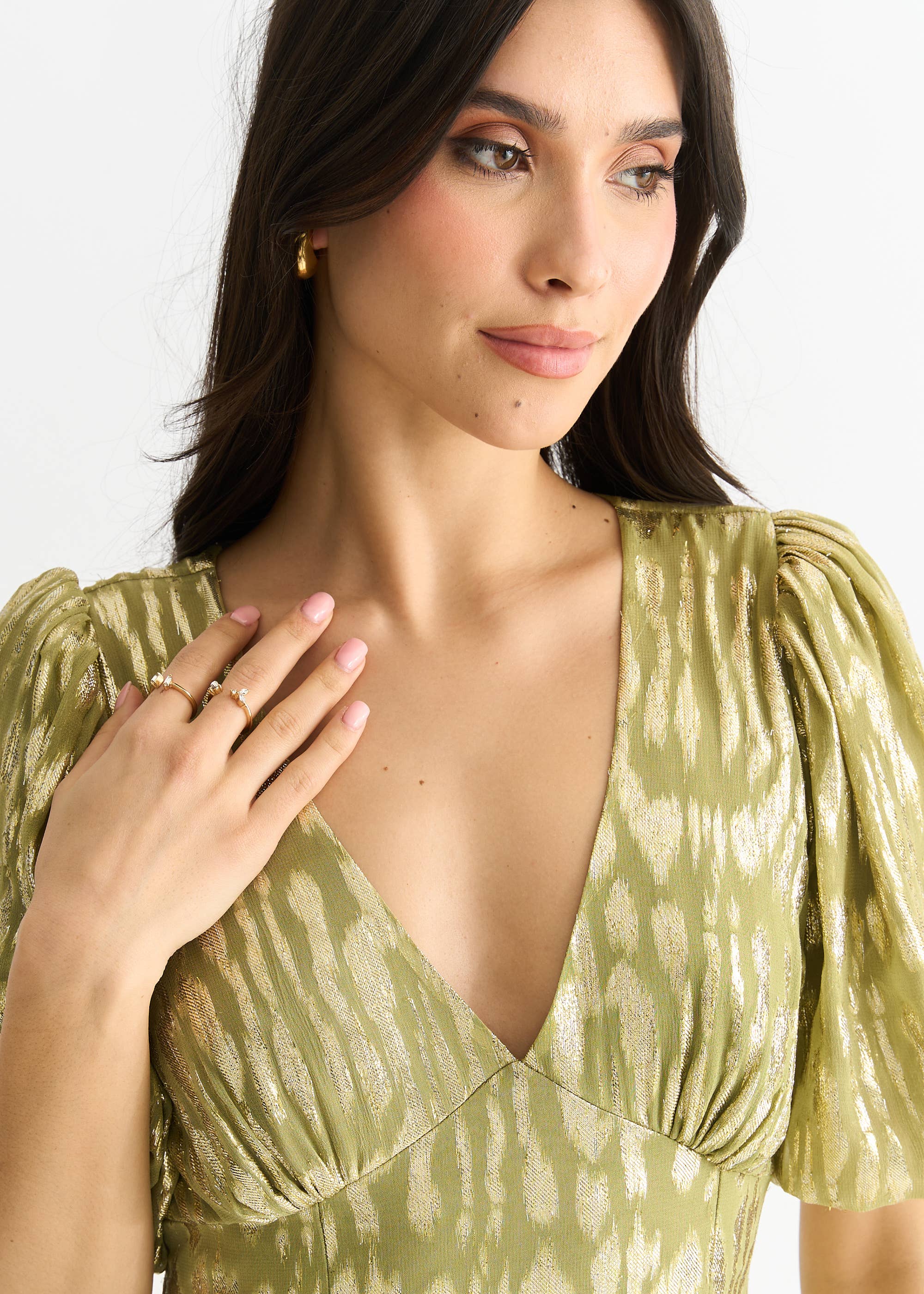 Green Viscose Animal Jacquard Occasion Midi Dress