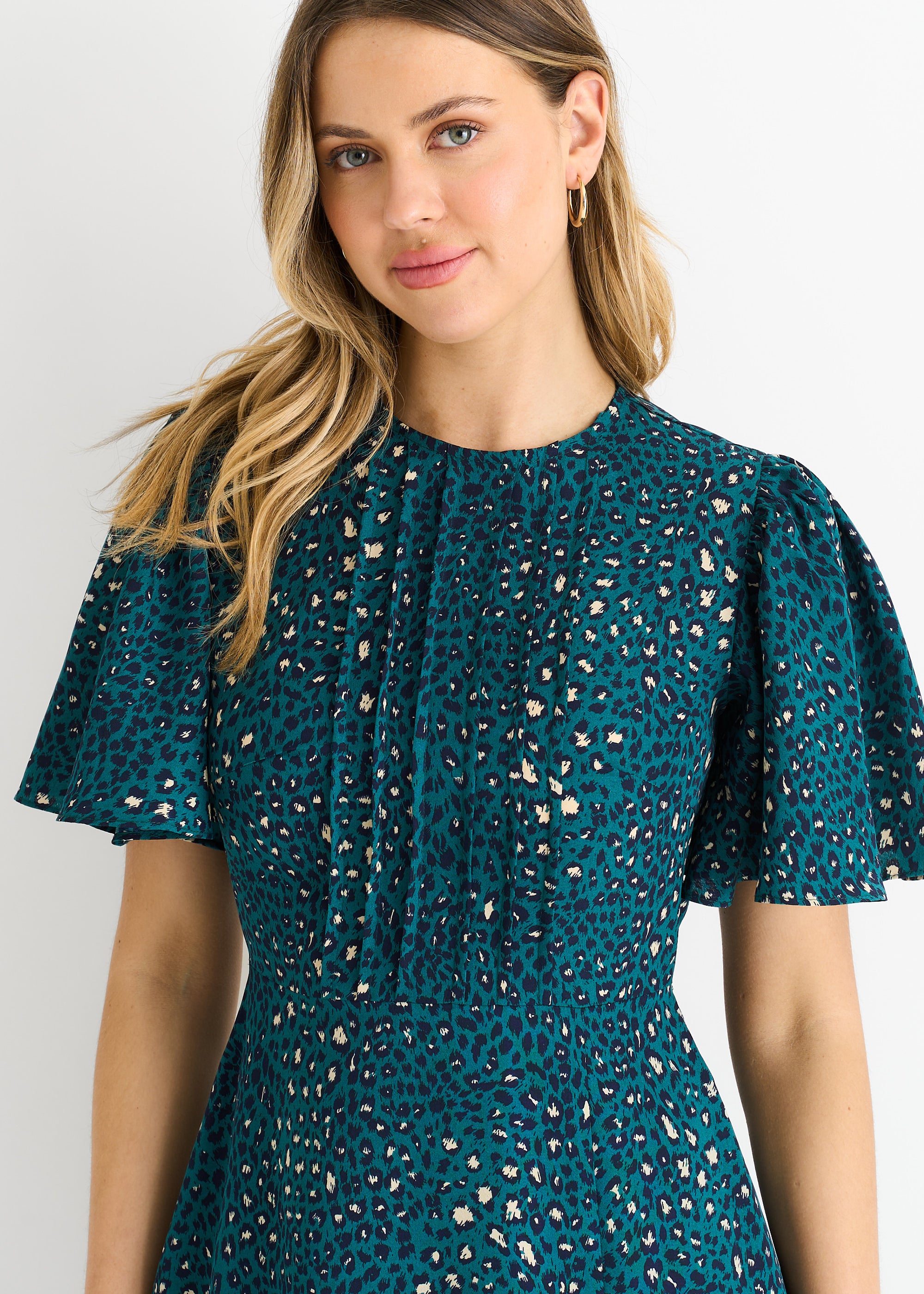 Green Animal Print Smock Tiered Midi Dress