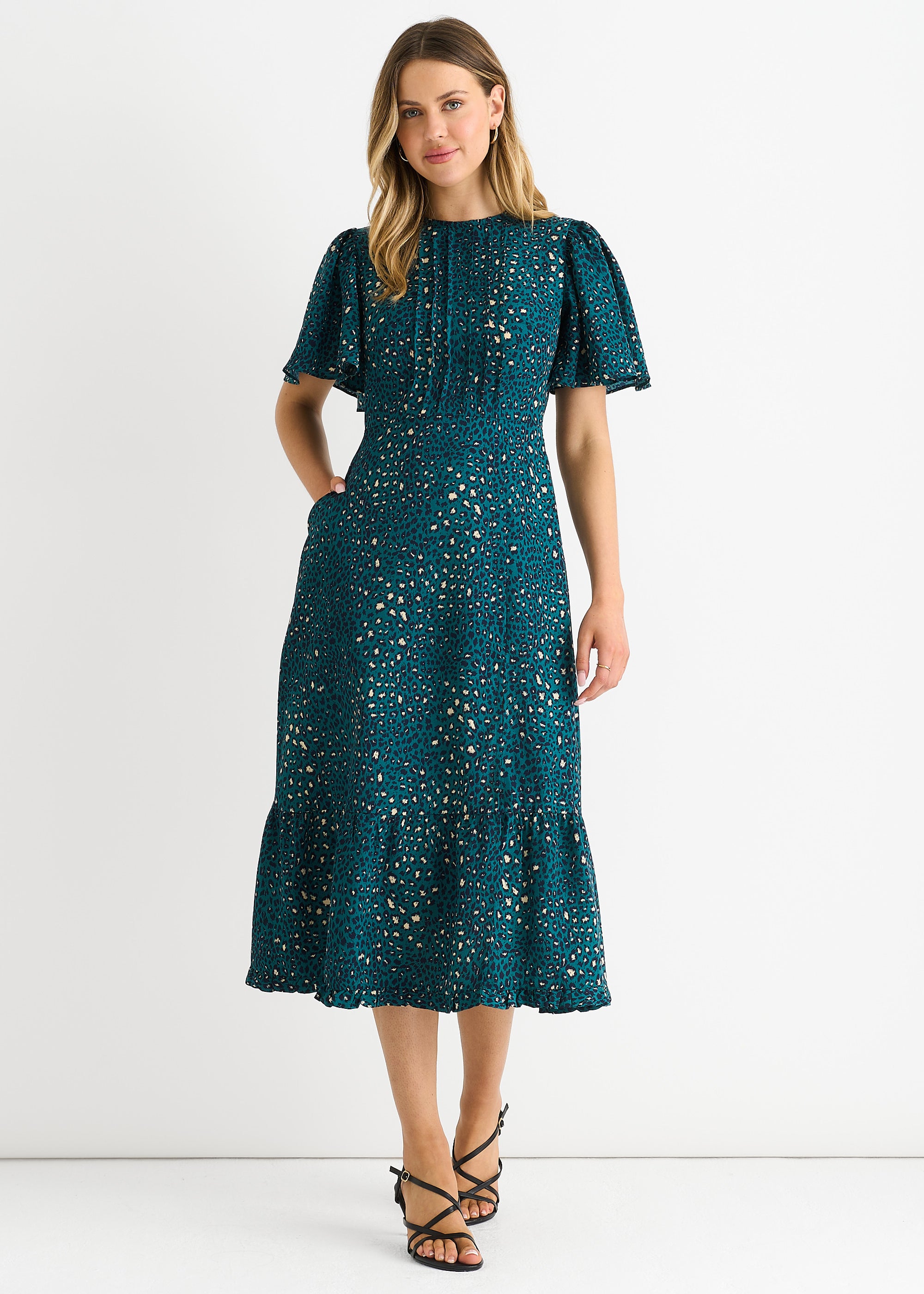 Green Animal Print Smock Tiered Midi Dress